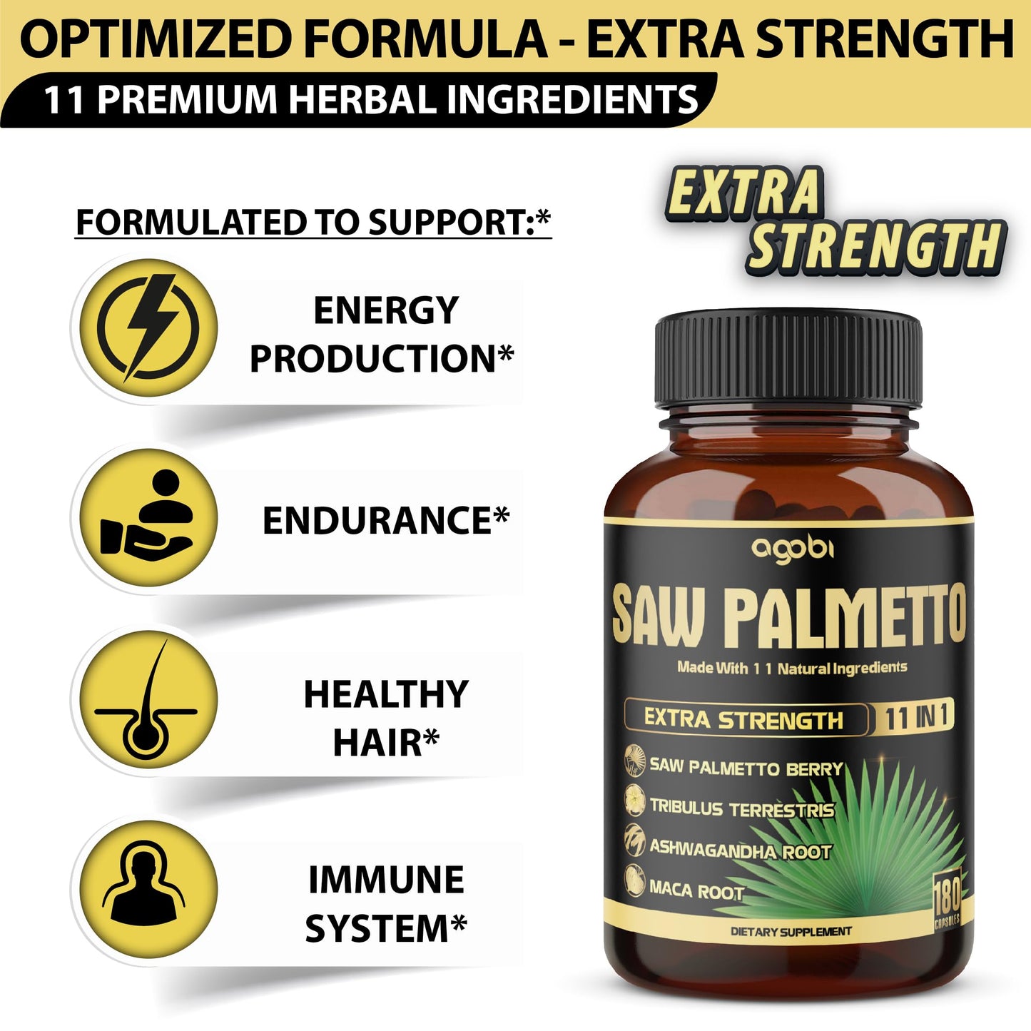 agobi 11in1 Saw Palmetto Capsules with Ashwagandha, Turmeric, Tribulus, Maca, Green Tea, Ginger, Holy Basil & More - Healthy Prostate & Hair Support, 180 Capsules