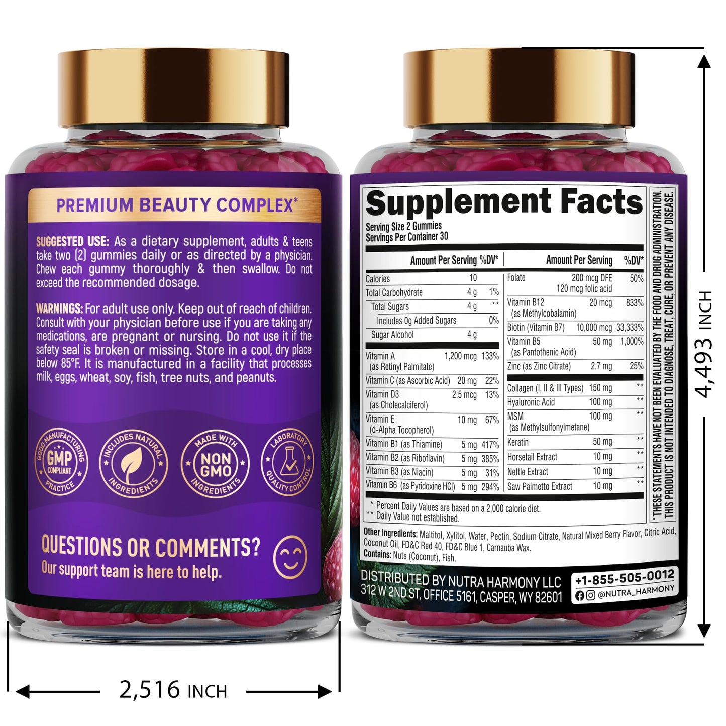 NUTRAHARMONY Biotin, Collagen, Keratin Capsules & Gummies 120