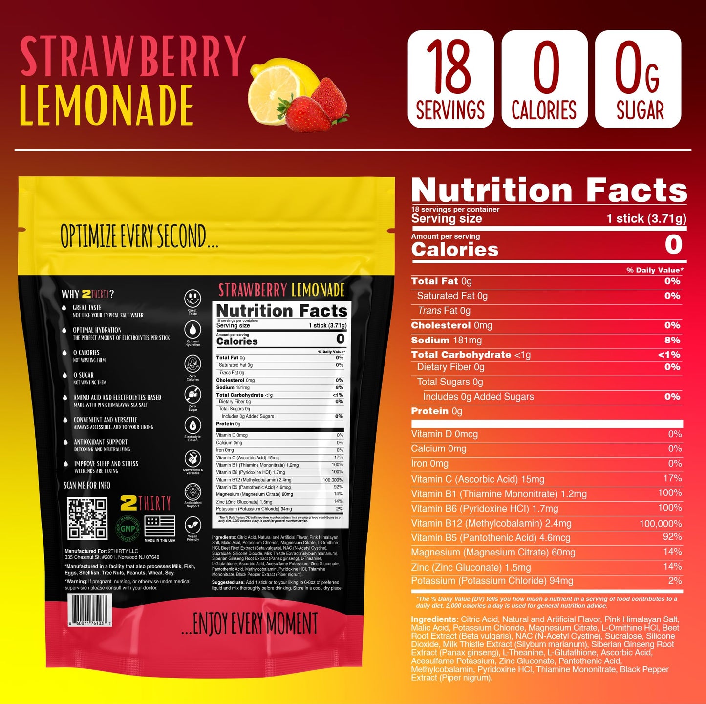 2THIRTY PRE-COVERY Hydration + Mixer DHM Alternative Electrolyte Strawberry Lemonade Powder 2.1 oz