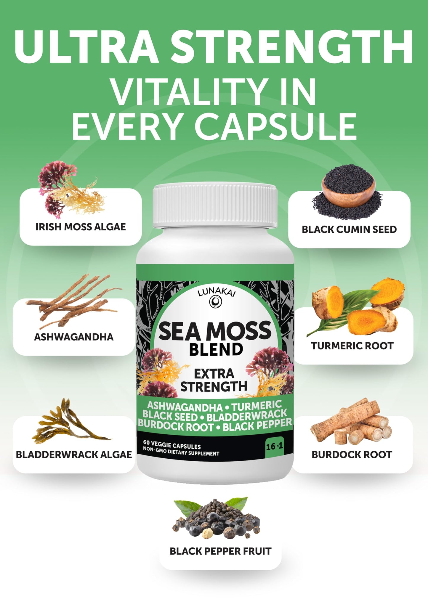 Lunakai Irish Sea Moss Capsules with Black Seed Oil, Ashwagandha, Burdock Root & Bladderwrack, 60 Capsules
