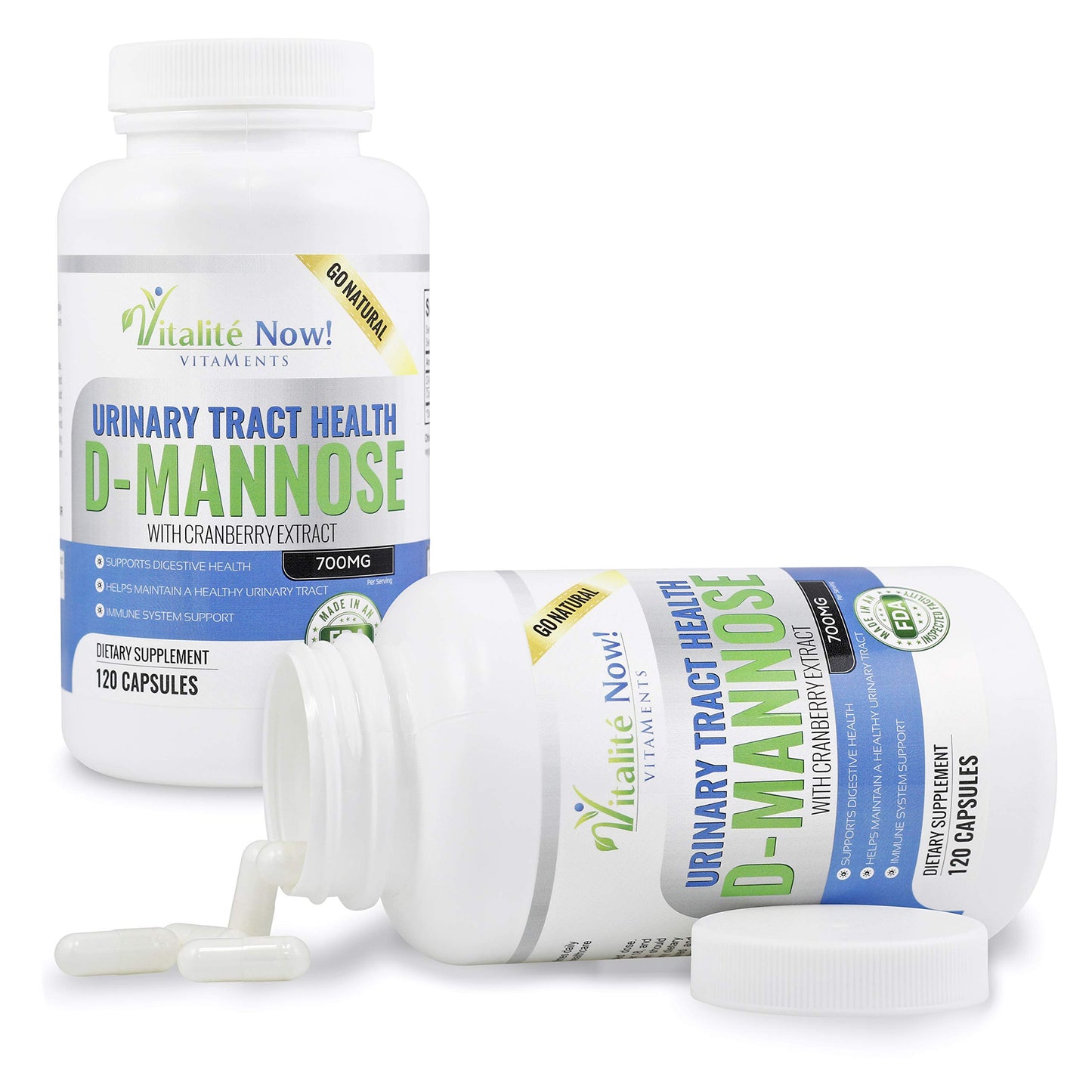 Vitalité Now! High Strength Pure D-Mannose with Cranberry Extract for UTIs, 120 Capsules