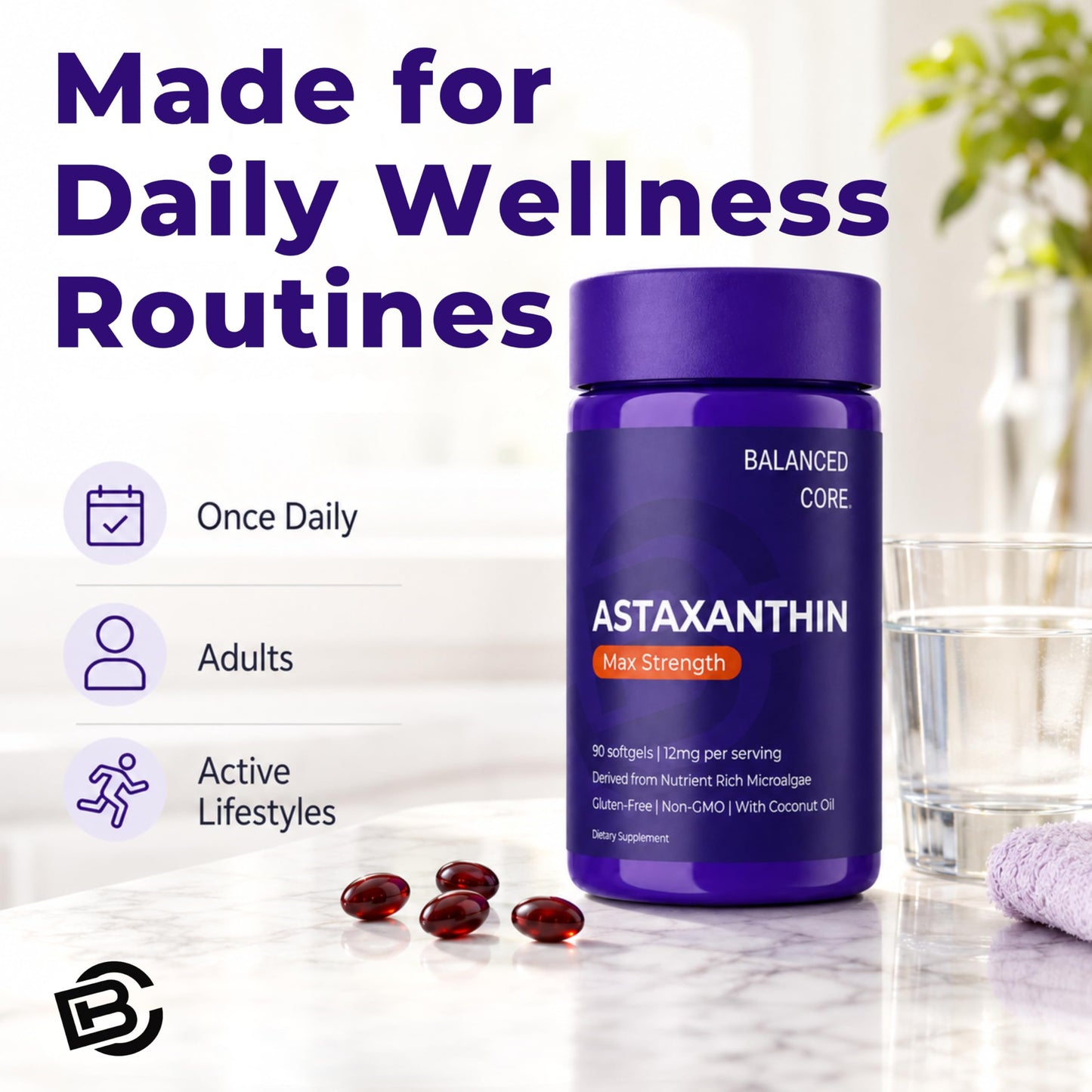 BALANCED CORE Astaxanthin 12mg Softgel 90 Count