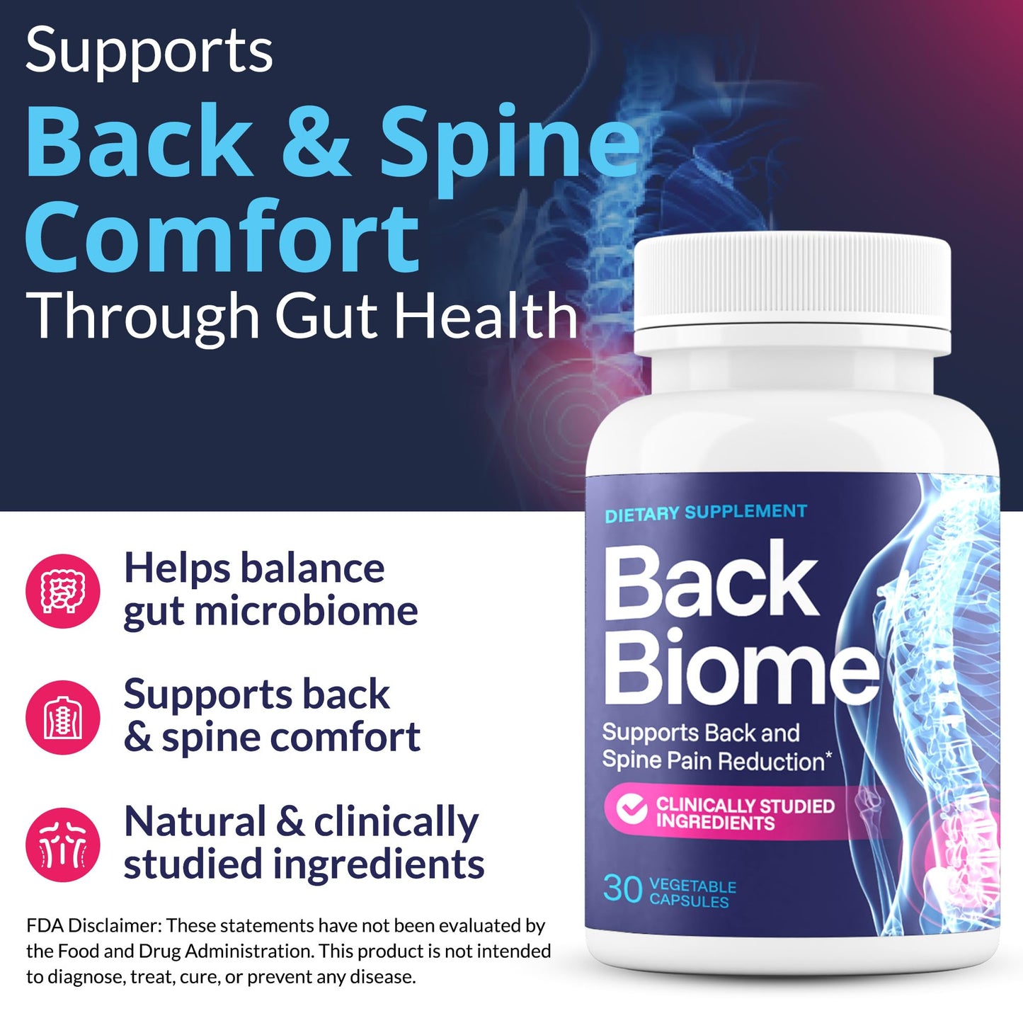 BackBiome Advanced 7-Strain Probiotic Formula for Gut & Back Health, 30 Capsules