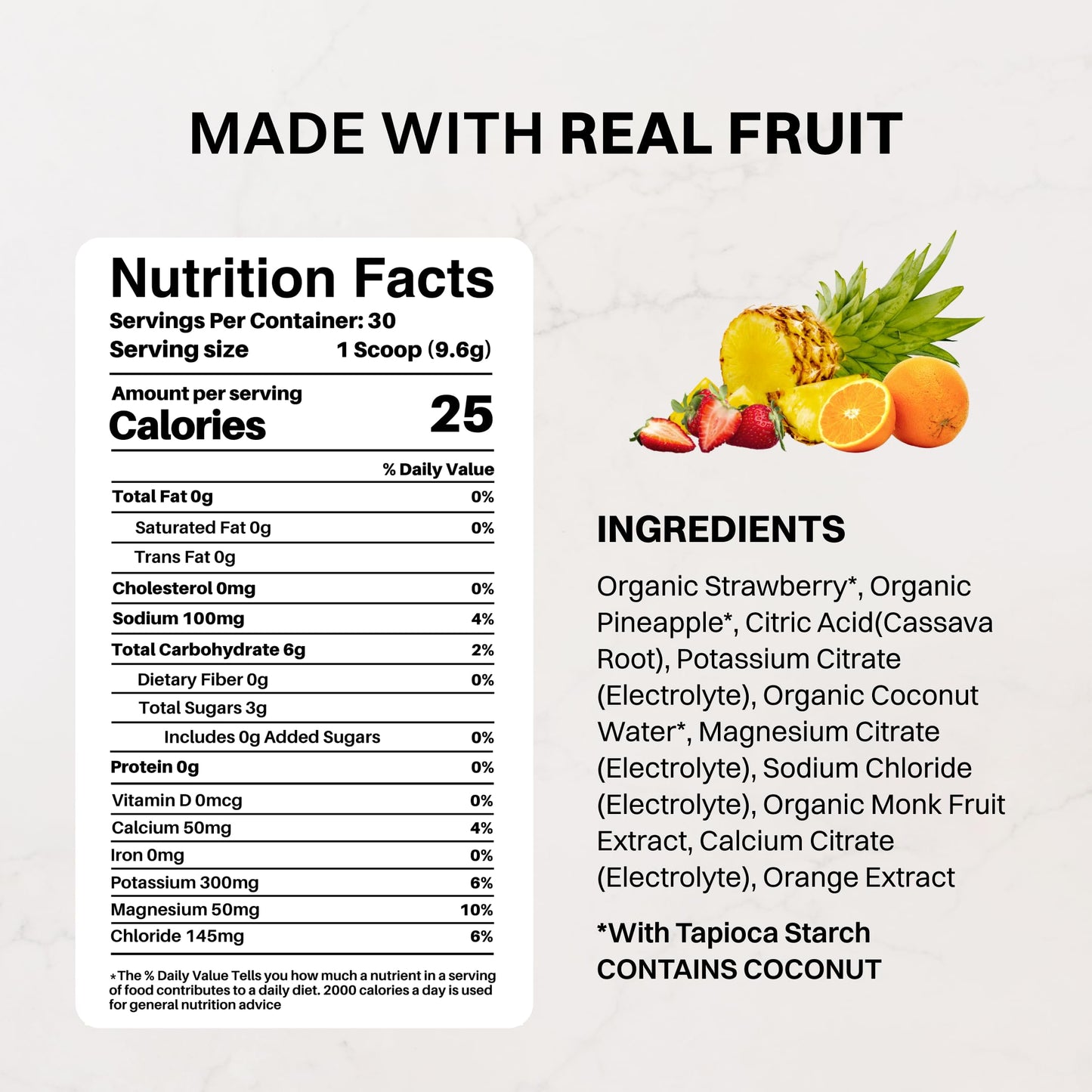 JUST INGREDIENTS Fruit Punch Electrolyte Powder - No Sugar - 30 Servings