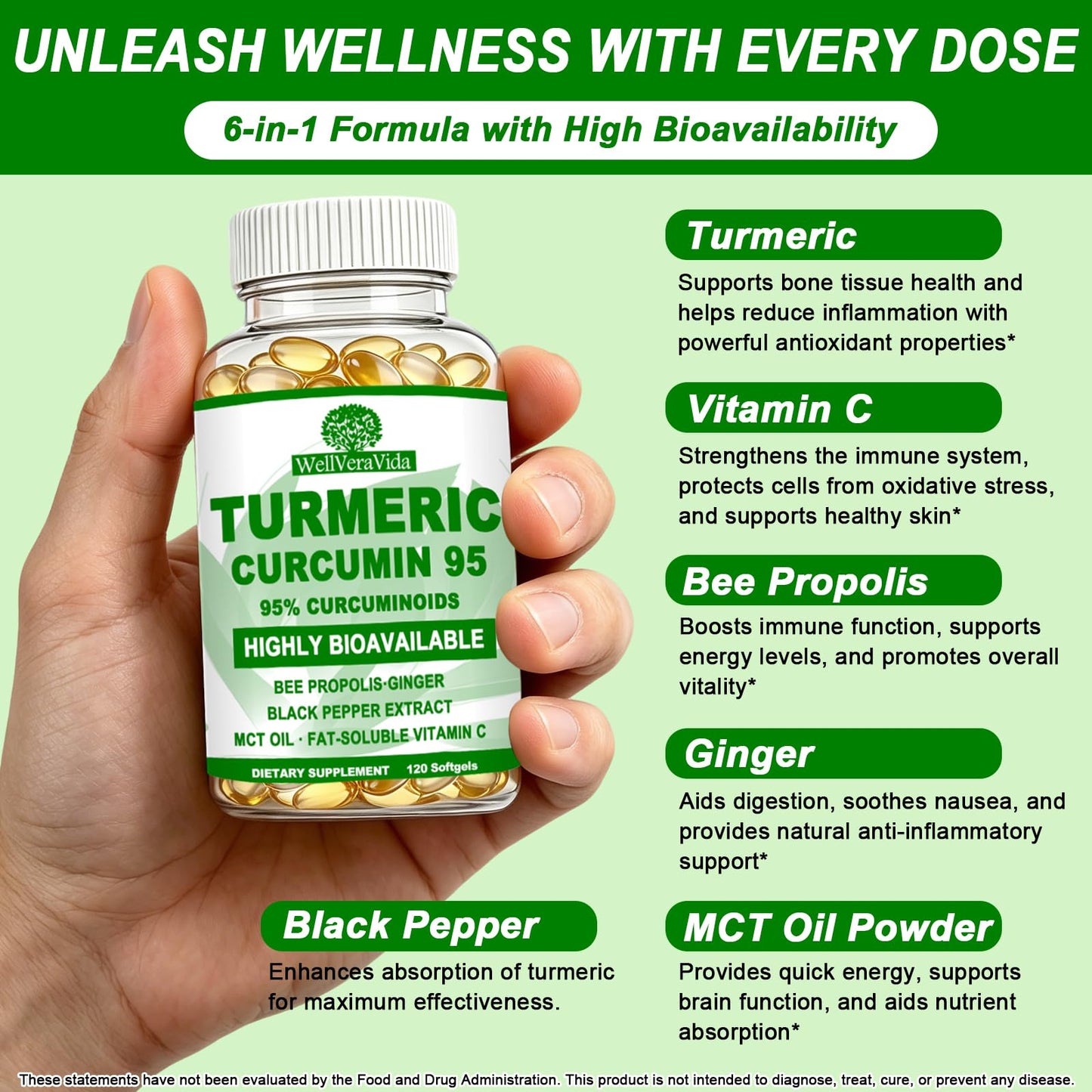 WellVeraVida Turmeric Curcumin Softgels - 95% Curcuminoids with Black Pepper & Ginger, 120 Count