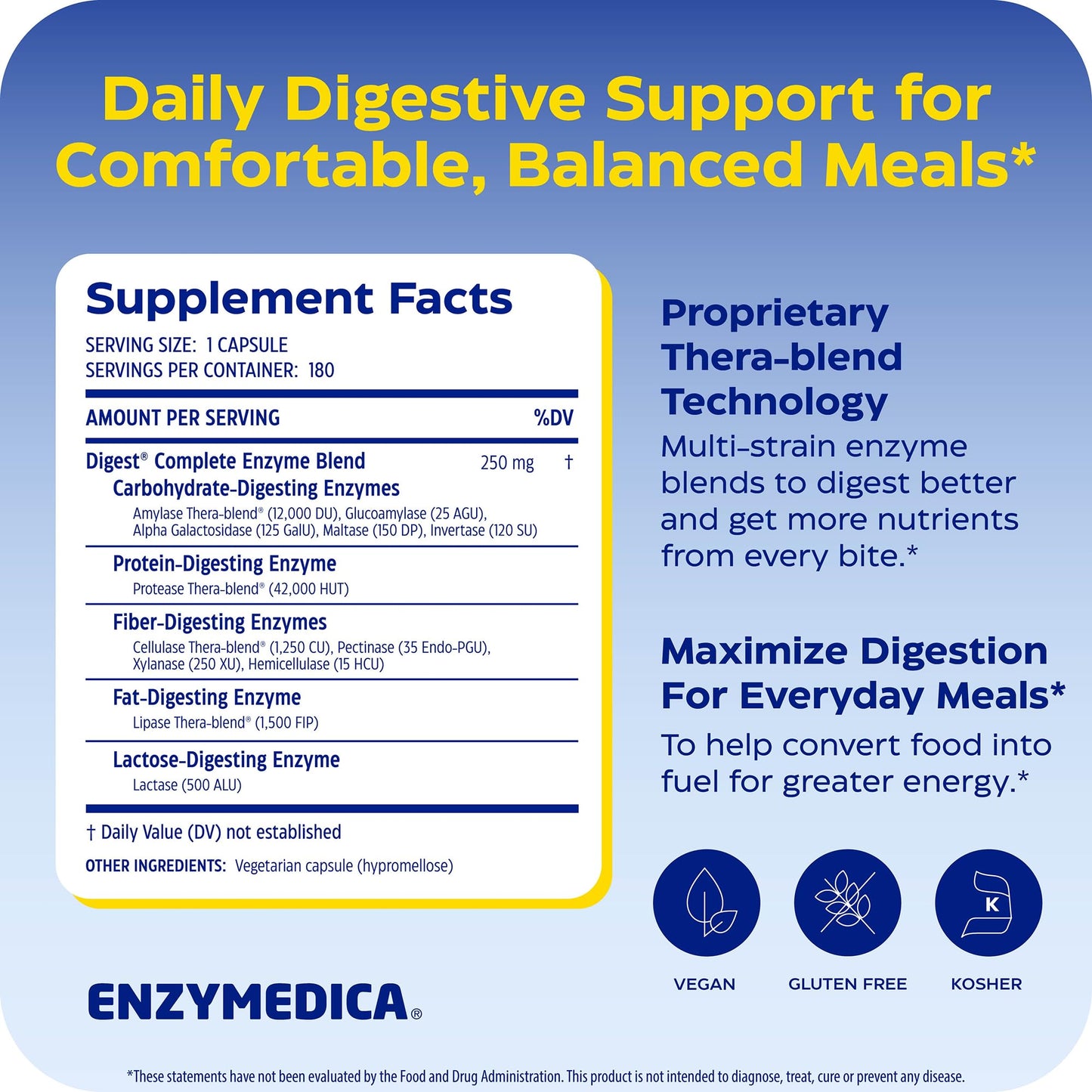 Enzymedica Digest Complete Digestive Enzyme Supplement Capsules, 180 Count