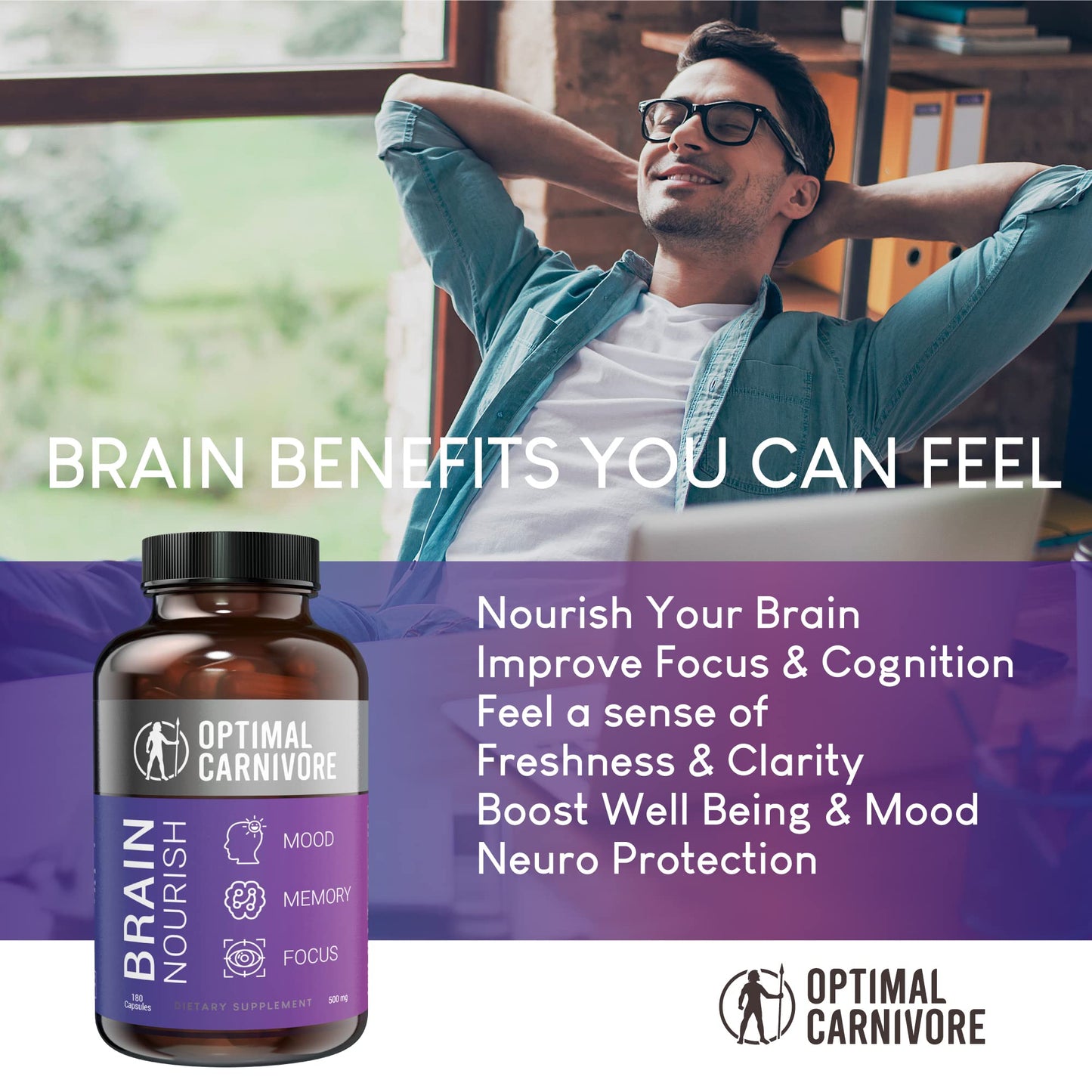 Optimal Carnivore Lions Mane Mushroom & Beef Brain Nootropic Capsule, 180 Count