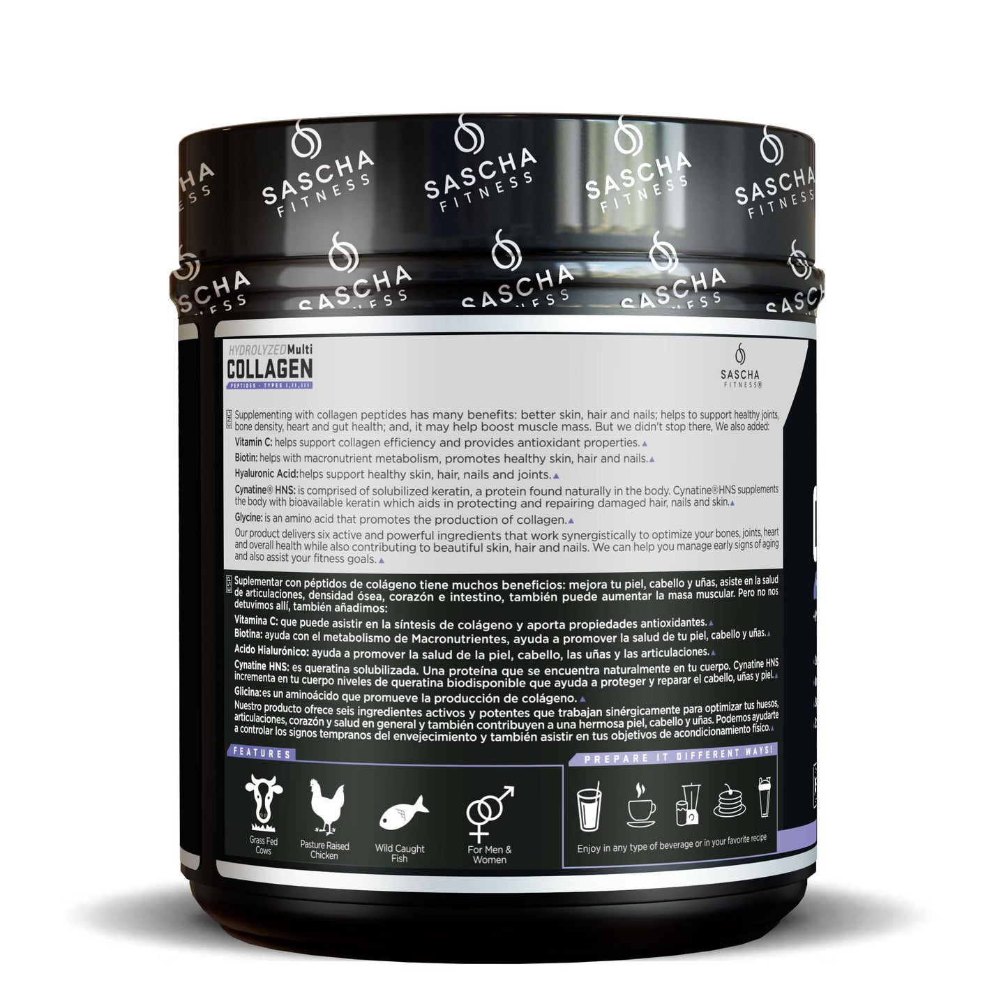 SASCHA FITNESS Hydrolyzed Multi Collagen Peptides Type 1, 2 & 3 Powder, 17.28 oz