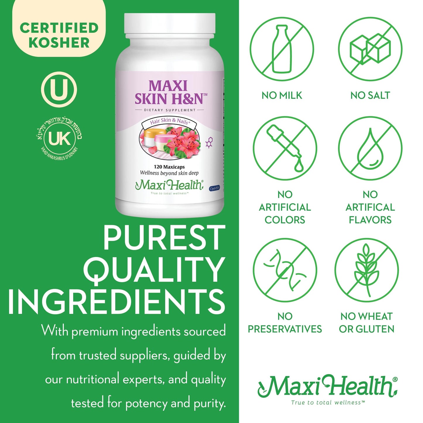 Maxi Health Hair Skin and Nails Vitamins for Women and Men with Hyaluronic Acid, Biotin, Vitamin A, Probiotics Capsules 60