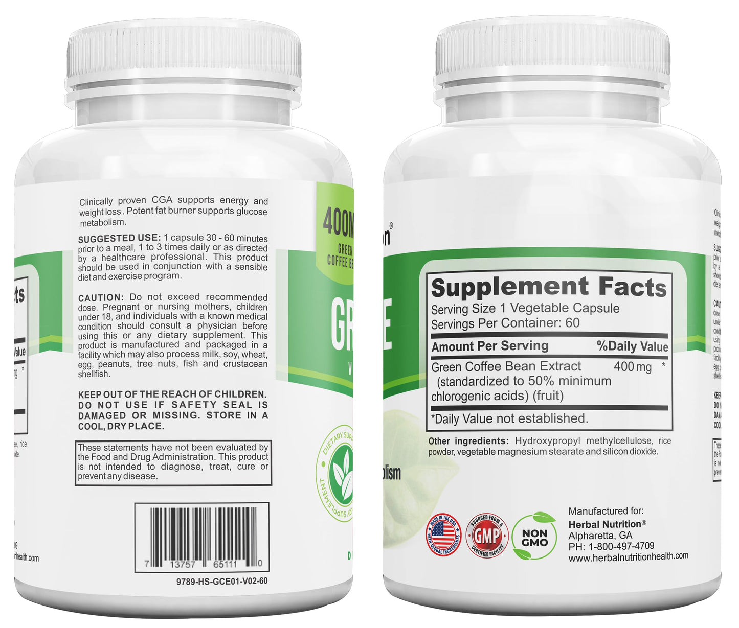 Herbal Nutrition Pure Green Coffee Bean Extract 800mg 50% Chlorogenic Acid, 60 Capsules