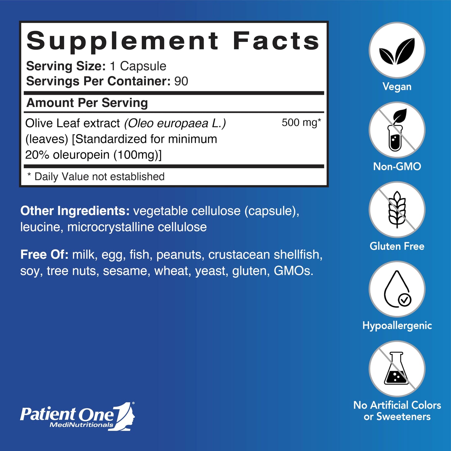 Patient One Olive Leaf Extract 500 mg Capsules, 90 Capsules