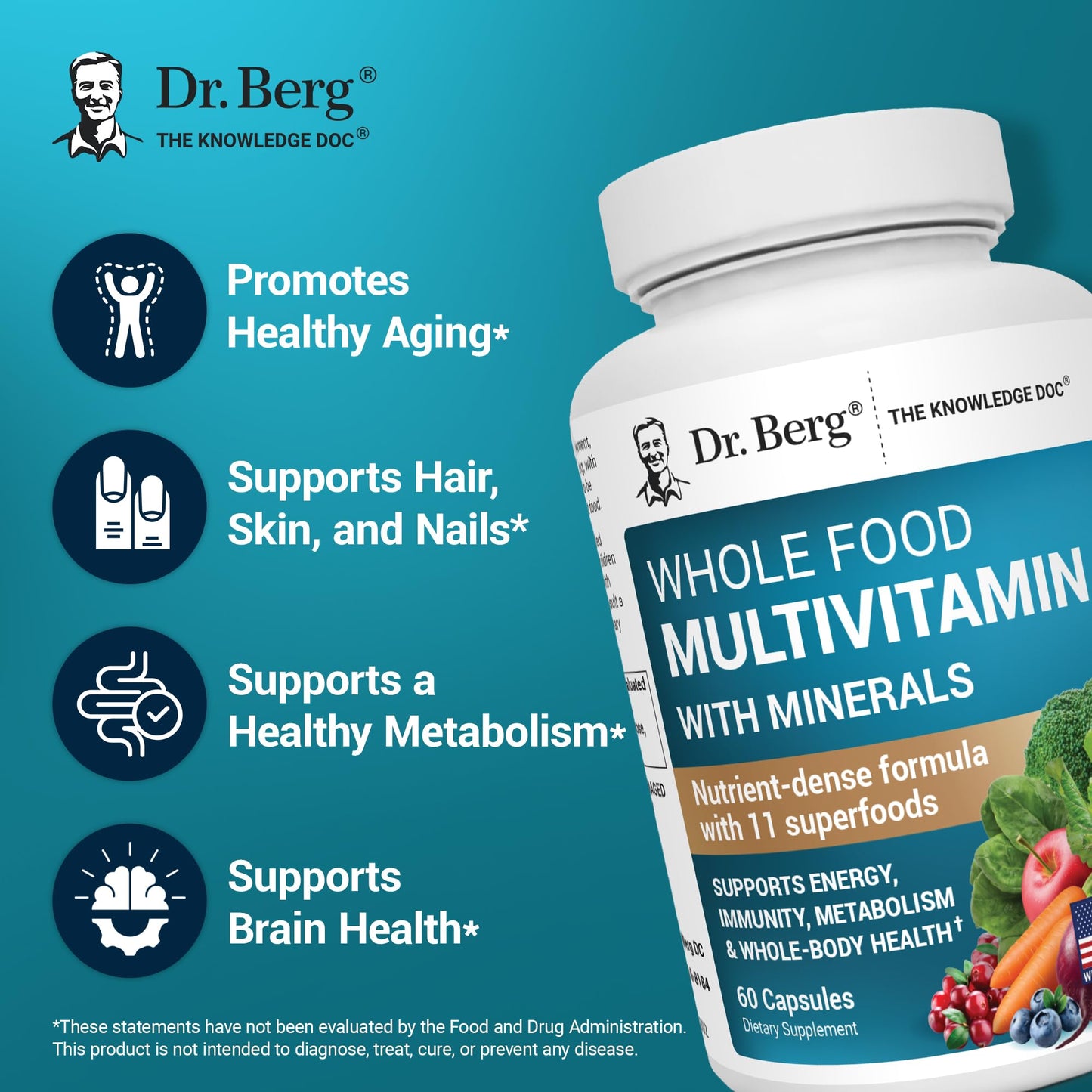 Dr. Berg Nutritionals Whole Food Multivitamin with Minerals Daily Multivitamin for Men and Women, 60 Capsules