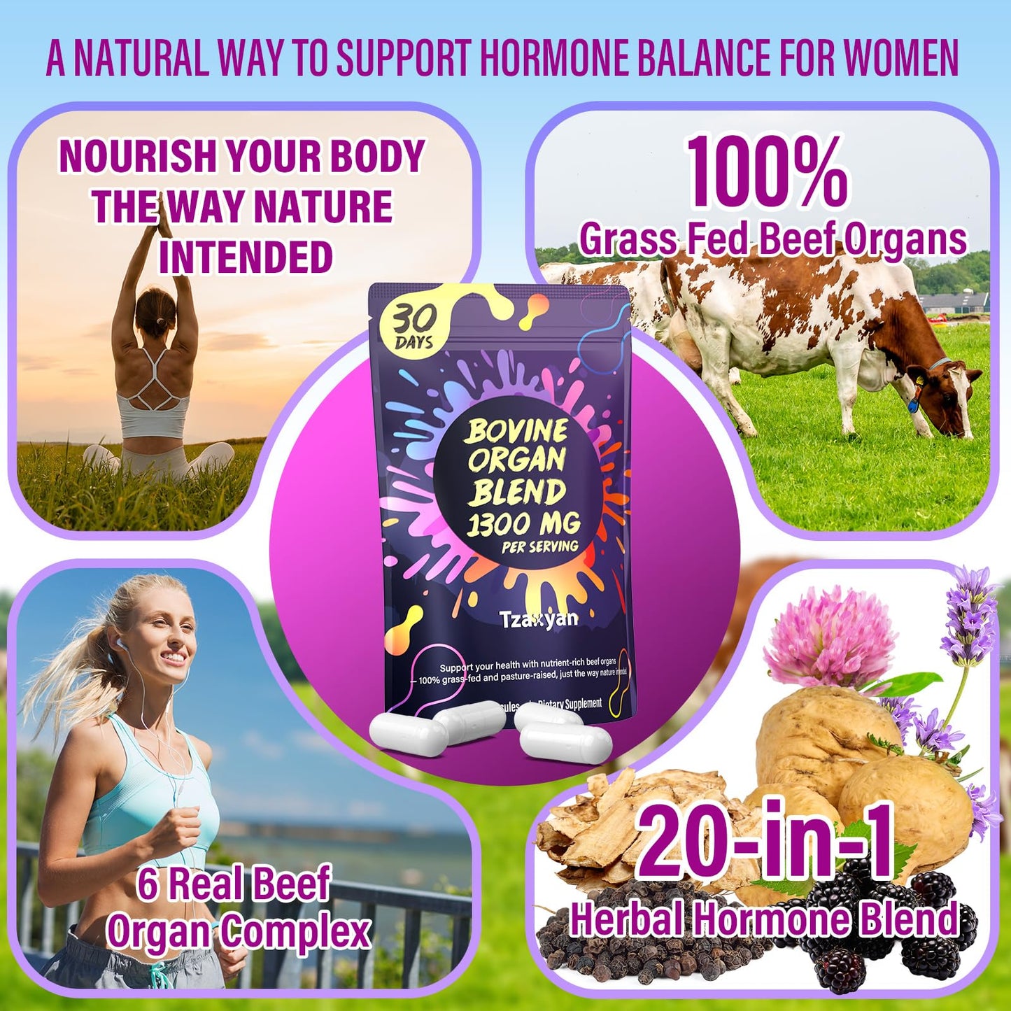 Tzaxyan Pure Beef Organ Supplement for Women 20-in-1 Grass Fed Beef Liver, Uterus, Ovary, Kidney, Heart & Fallopian Tubes with Maca, DIM, Black Cohosh Capsule 60 Count