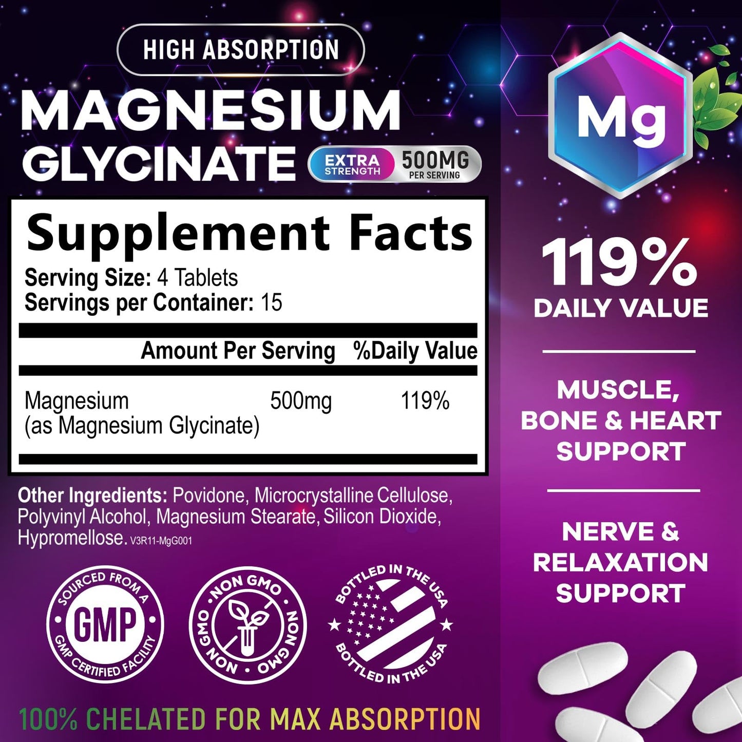 Nature's Nutrition Magnesium Glycinate Supplement Tablet, 60 Tablets
