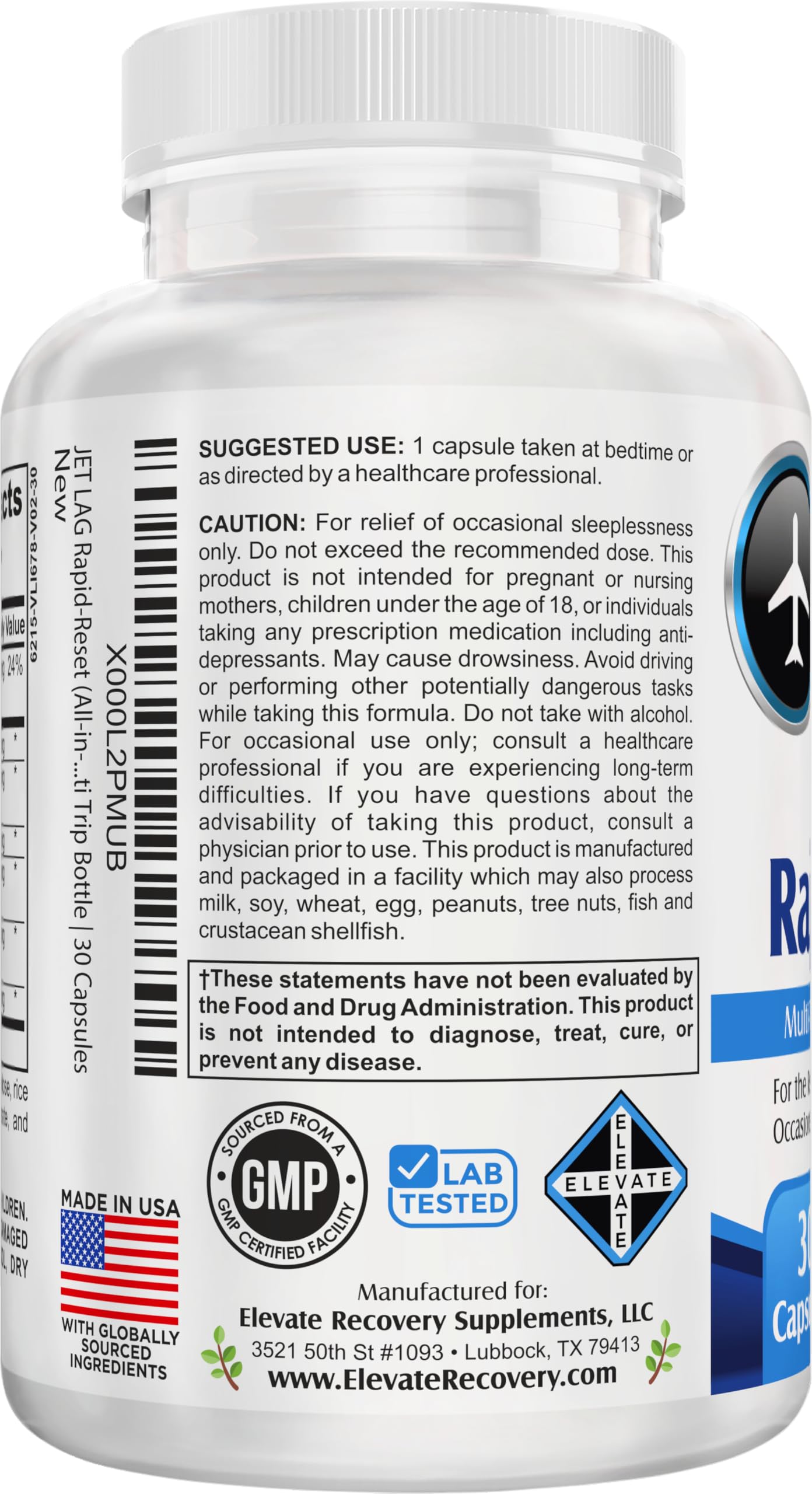 Elevate Recovery Supplements Jet Lag Rapid-Reset (7-in-1) Support Supplements Capsules 30 Count