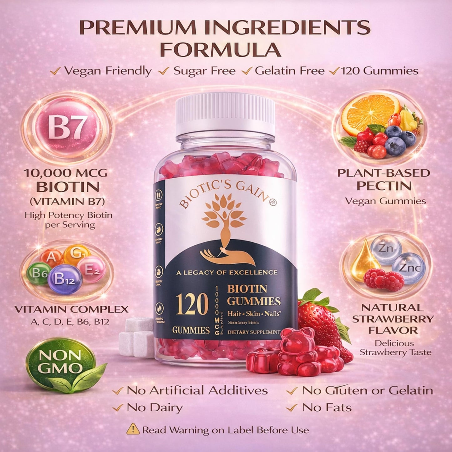 Biotic's Gain Biotin Gummies 10000 mcg, Hair Skin and Nail Support, Vegan, Sugar Free, 120 Count