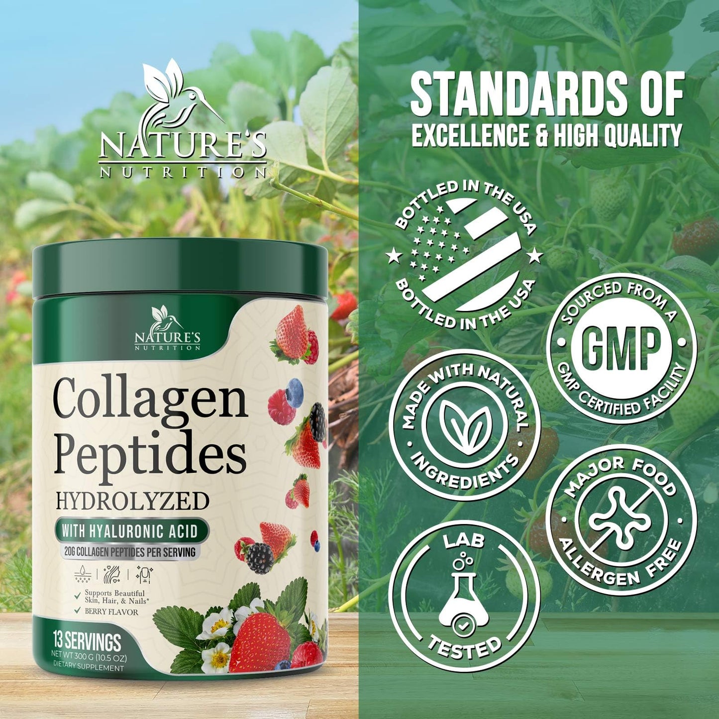 Nature's Nutrition Collagen Peptides Powder, Hydrolyzed Type I & III Berry Flavor with Biotin, Hyaluronic Acid, Vitamin C, Hair, Skin & Nails Support, 10.5 oz