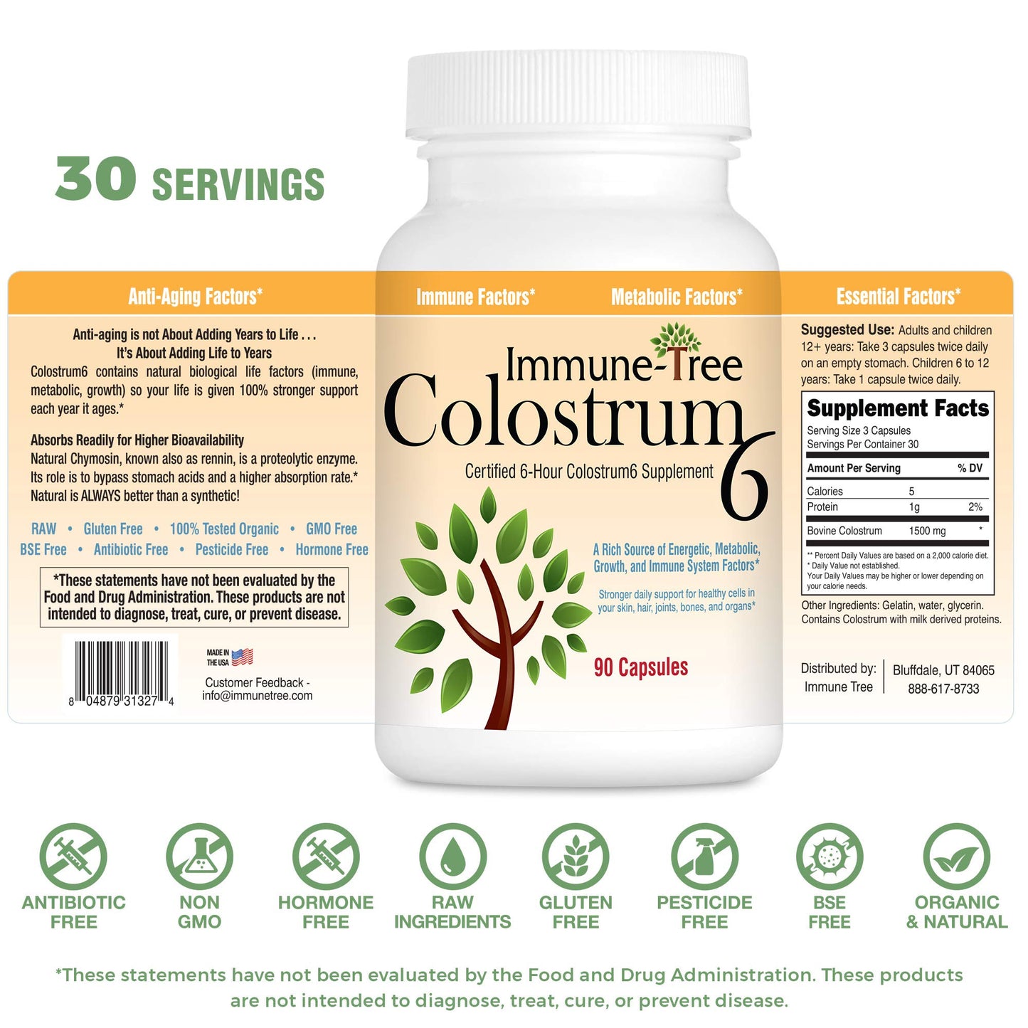 Immune-Tree 100% Pure Bovine Colostrum (Grass-Fed) High IgG for Immune Support & Gut Health, Anti-Aging Colostrum Supplement for Adults & Kids, Capsules, 90 Count