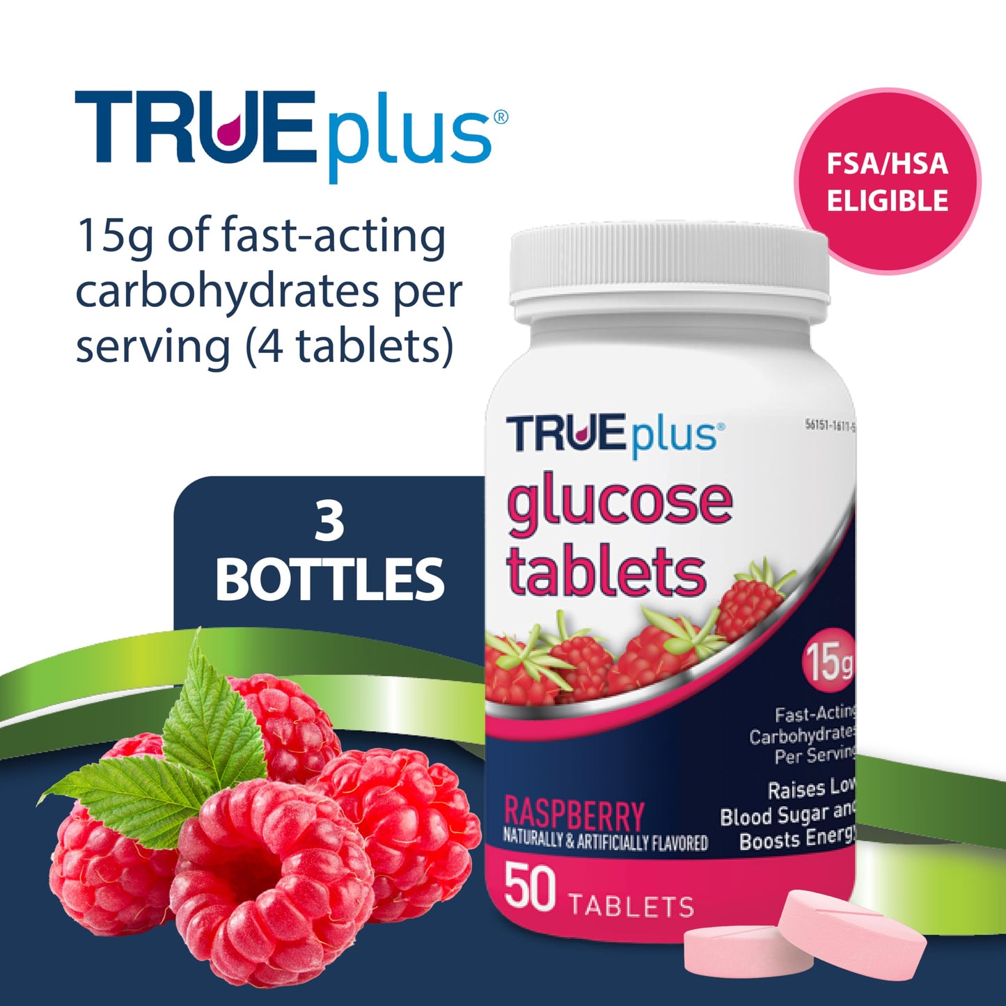 TRUEplus Glucose Tablets, Chewable, Raspberry Flavor, 150 Tablets