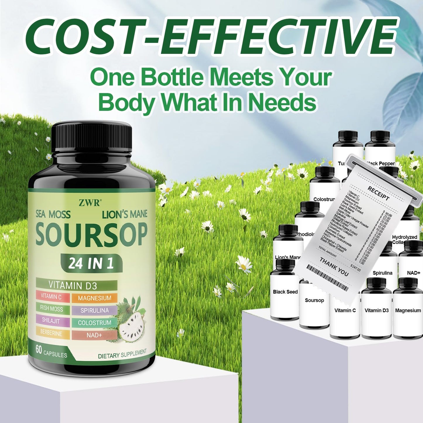 ZWR Soursop Capsules 24 in 1 with Sea Moss, Lion's Mane, Shilajit & Berberine, Soursop Graviola Supplement with Vitamin C, D3 & Magnesium, Immune & Digestive Wellness Support, 60 Capsules