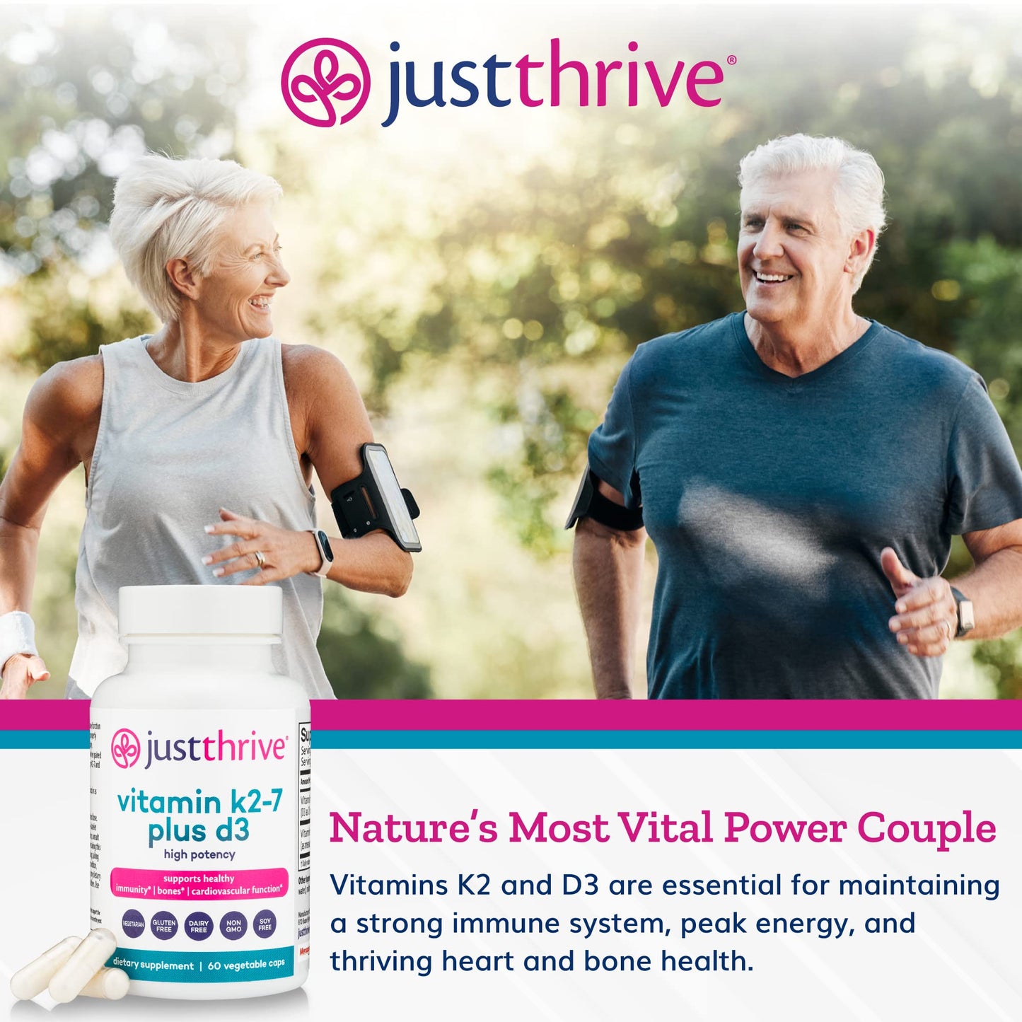 Just Thrive Vitamin K2-7 Plus D3 Capsules, 60 Count