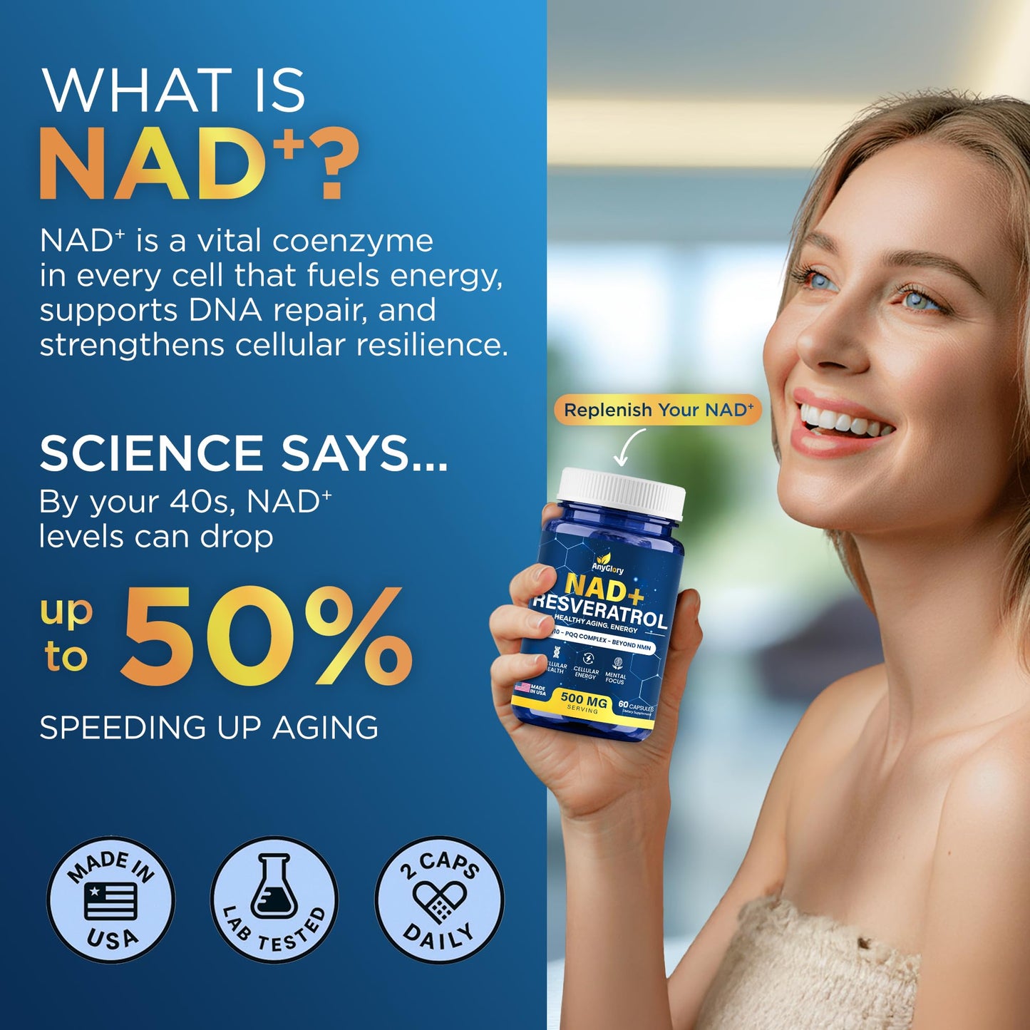 Anyglory NAD+ Supplement with NR, Resveratrol, CoQ10 & PQQ – 5-in-1 NAD Formula NMN Alternative NAD Resveratrol Support, 60 Capsules