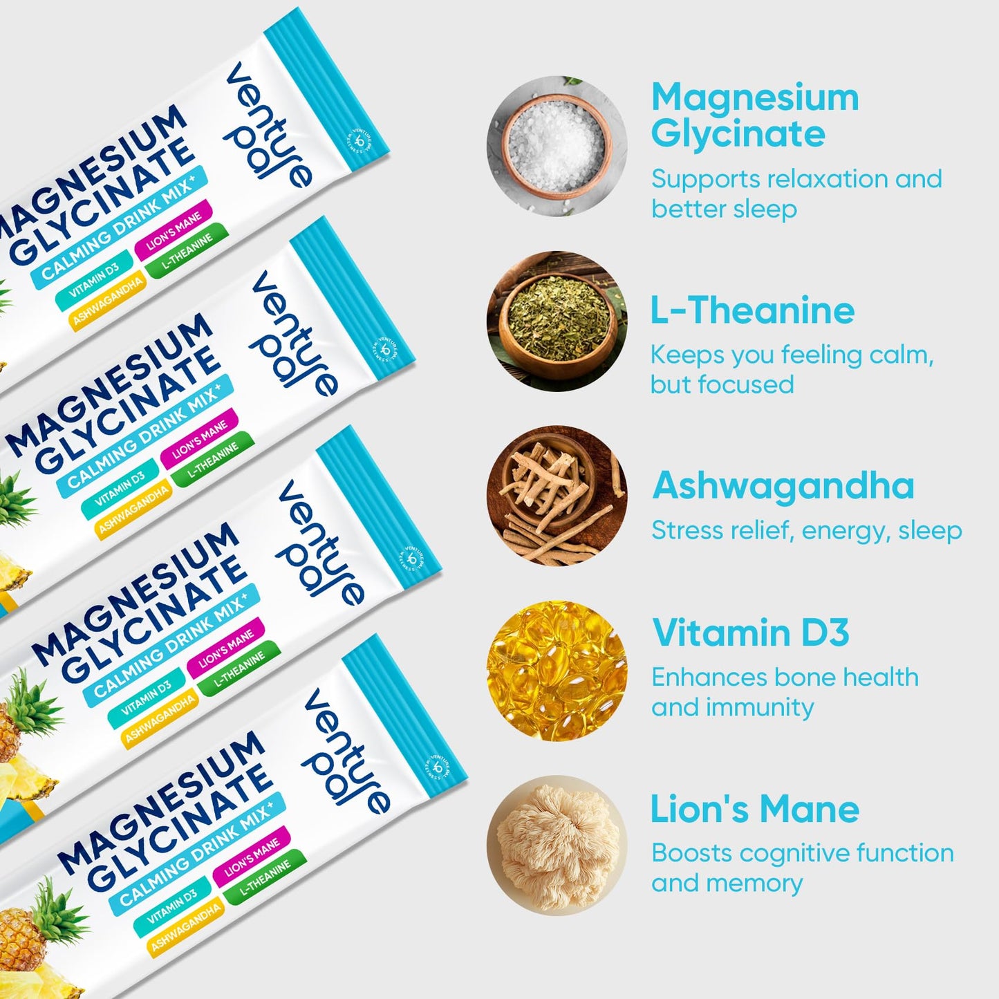 Venture Pal Magnesium Glycinate Powder Blend with Ashwagandha, Vitamin D, and L-Theanine for Calm and Relaxation, 0.14 oz (Pack of 2)
