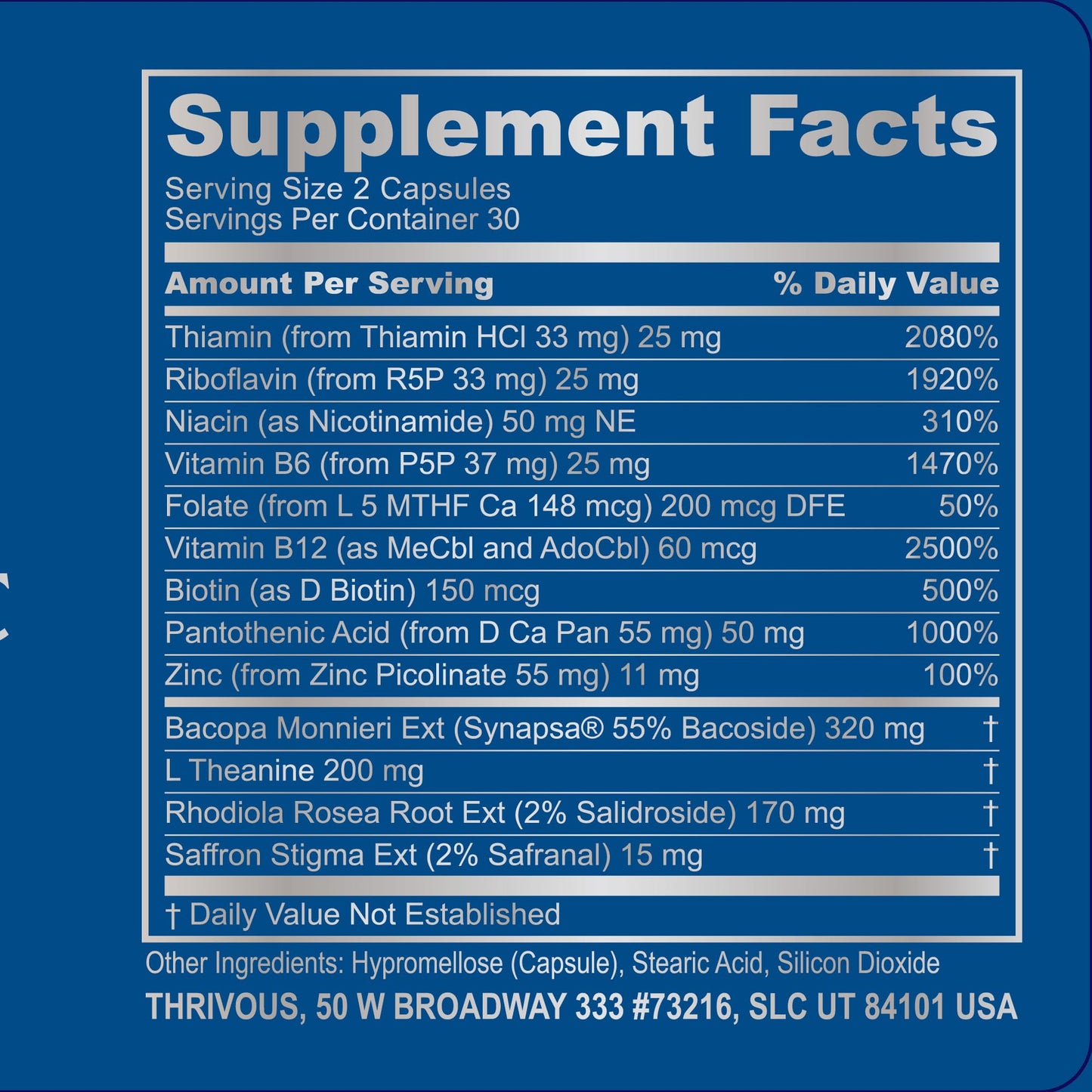 Thrivous Clarity Daily Nootropic – Cognitive Support & Mood Formula with Bacopa (Synapsa®), L-Theanine, Rhodiola Rosea, Vitamin B Complex & Zinc Picolinate, 60 Vegan Capsules