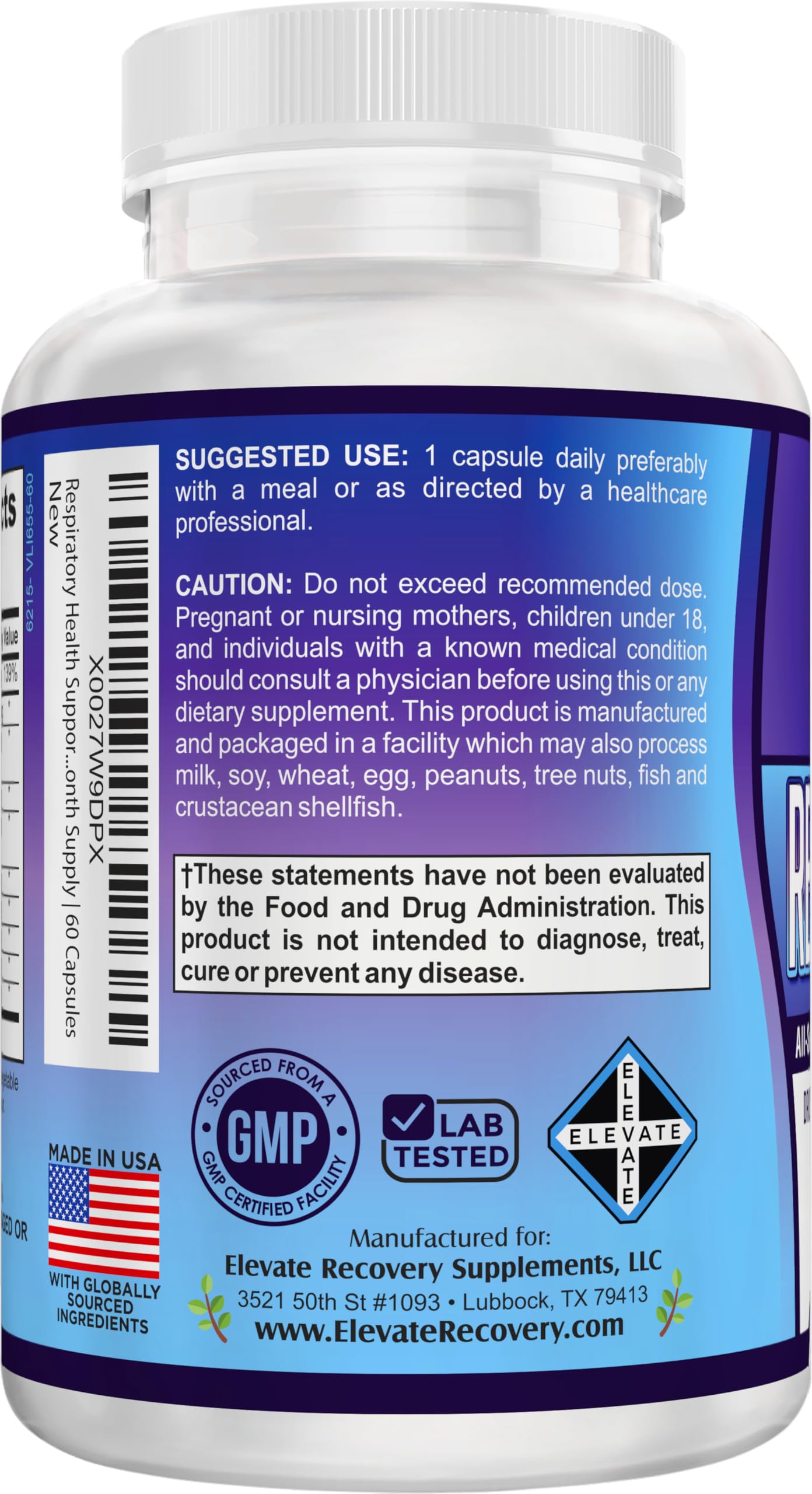 Elevate Recovery Supplements Respiratory-Max Lung & Respiratory Support Supplements 60 Capsules