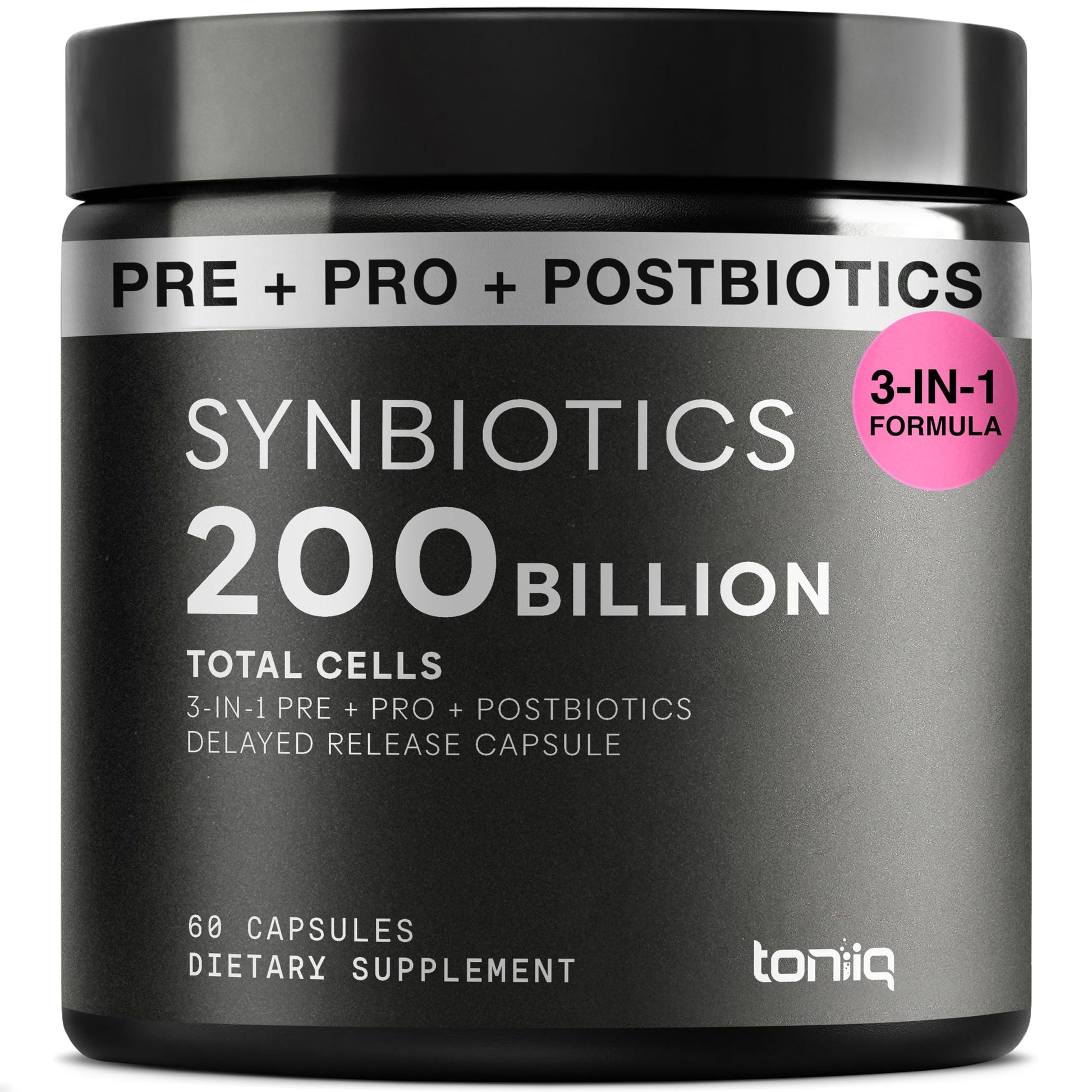 Toniiq Prebiotics and Probiotics 200B CFU Synbiotic with Postbiotics IMMUSE® & ButyraGen® – 30 Strains for Gut & Digestive Health, Shelf-Stable, Third-Party Tested, 60 Capsules