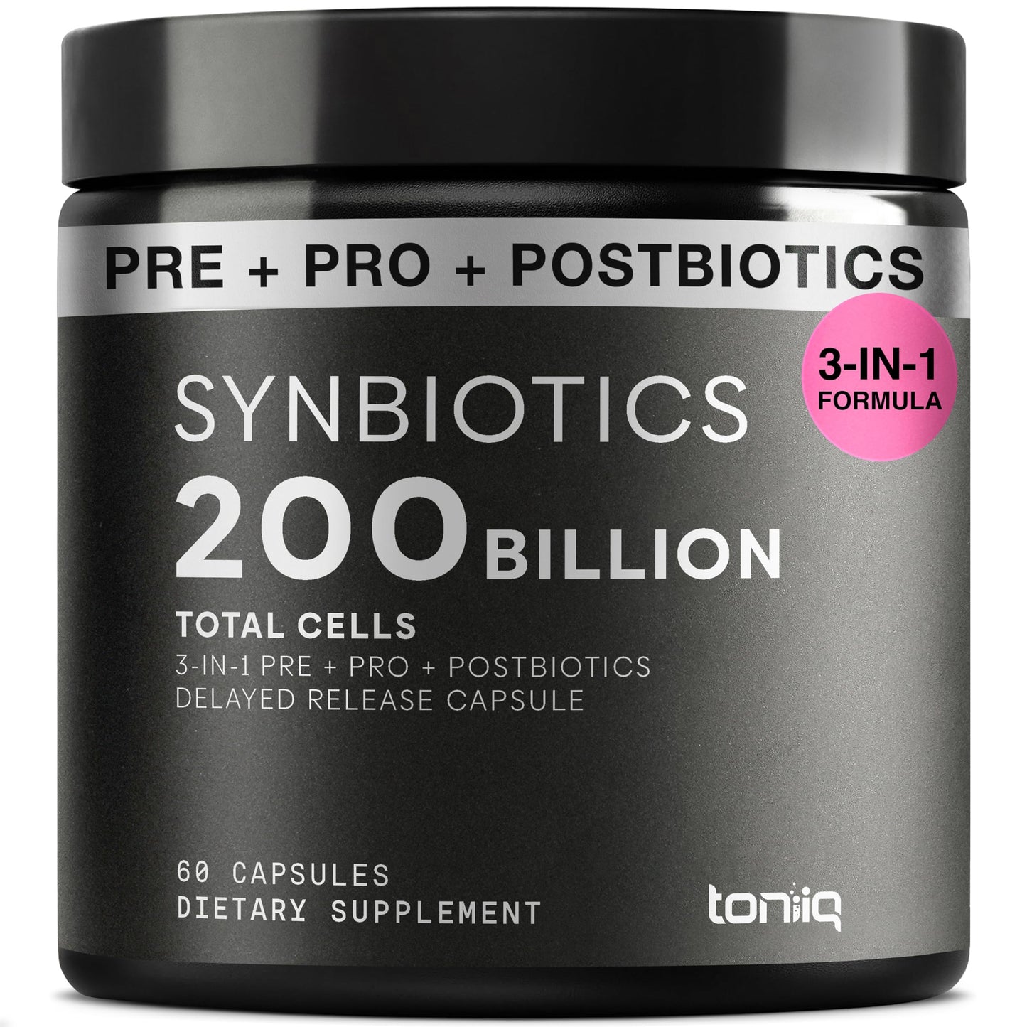 Toniiq Prebiotics and Probiotics – 200B CFU Synbiotic with Postbiotics IMMUSE® & ButyraGen® – 30 Strains for Gut & Digestive Health – Shelf-Stable – Third-Party Tested – 60 Capsules