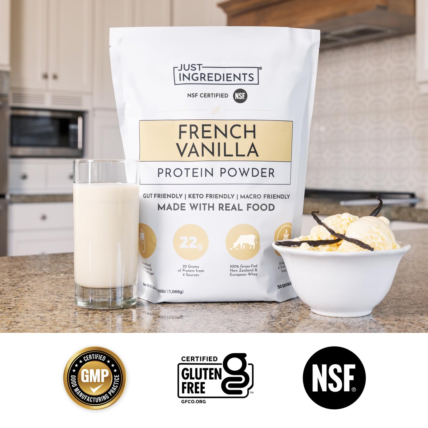 JUST INGREDIENTS French Vanilla Protein Powder - Grass-Fed Whey, 23 Servings