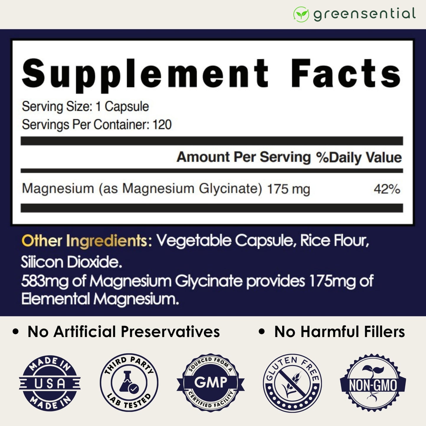 Greensential Magnesium Glycinate Capsules 120 Count