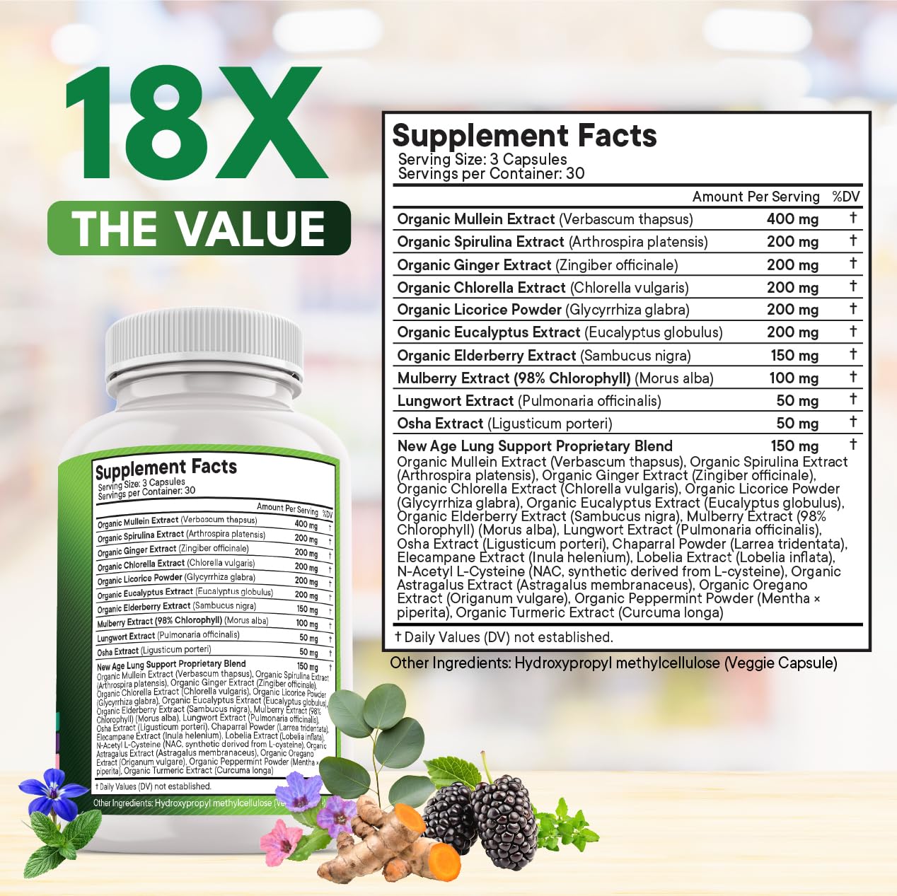NEW AGE Mullein Leaf Extract for Lungs Cleanse NAC Supplement, Capsules, 270 Count