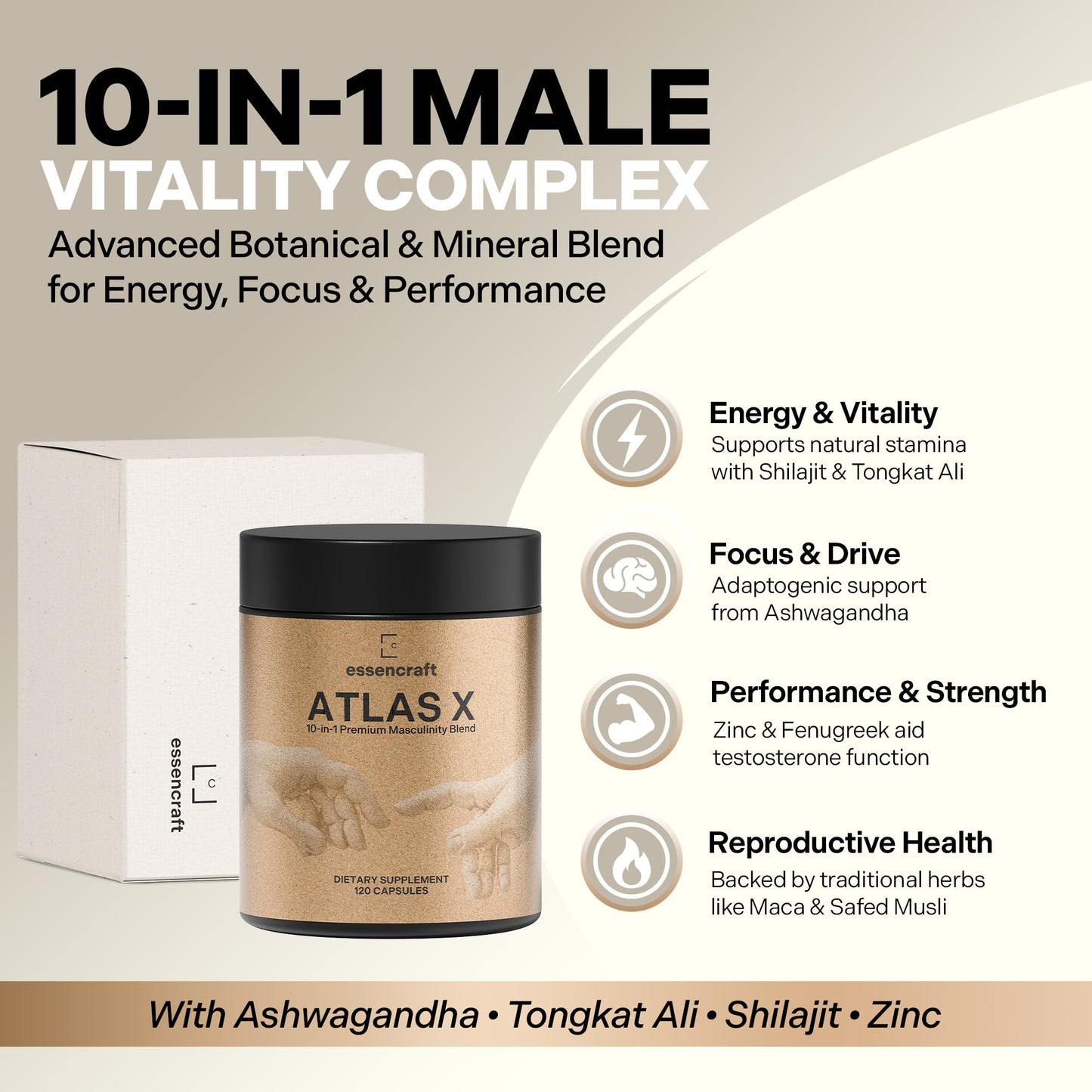 Essencraft Atlas X Testosterone Supplement for Men – 10-in-1 Natural Testosterone Booster & Muscle Booster w/Shilajit, Zinc, Tongkat Ali, & More, 120 Capsules