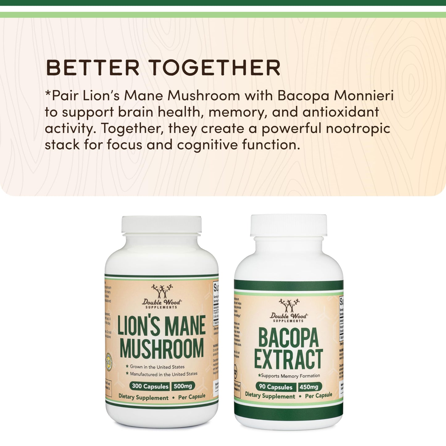 Double Wood Supplements Organic Lions Mane Mushroom Capsules, 300 Count