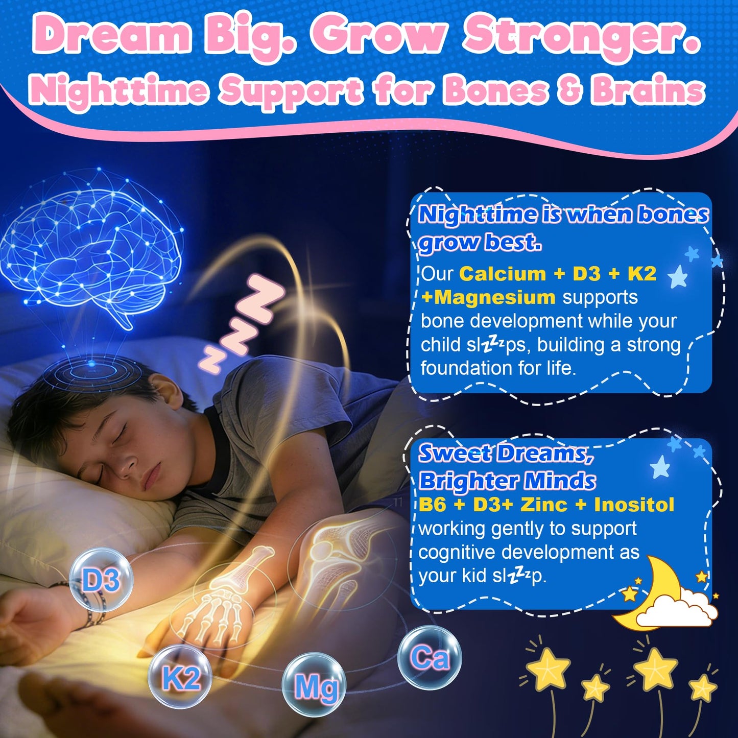EnvyCure Kids 4+ Melatonin-Free Sleep Aid Gummies with Magnesium Glycinate, Saffron, Calcium D3+K2, Inositol – Nighttime Multivitamin for Calm Mood, Brain, Bone & Immune Support, Sugar Free, 120 Gummies