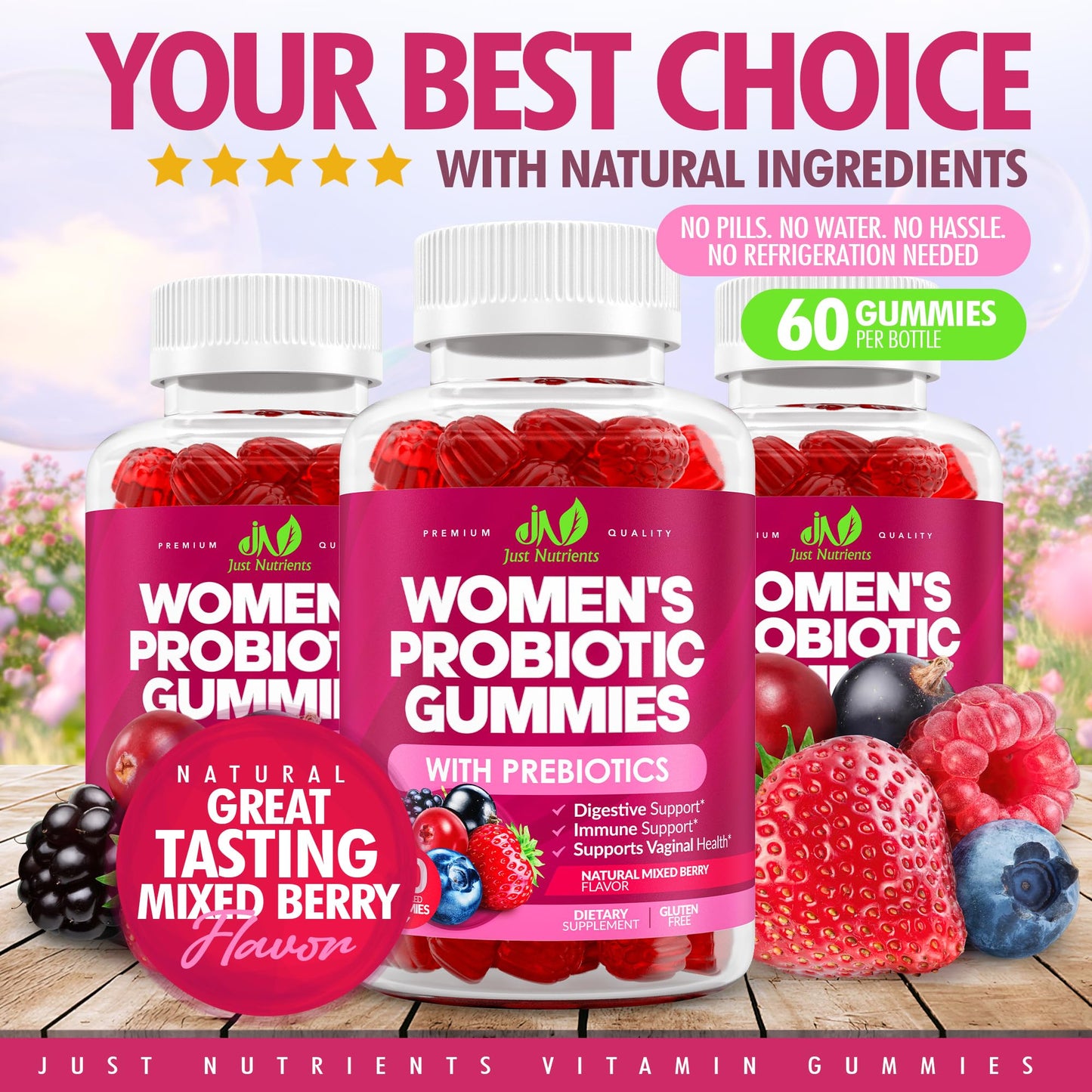 Just Nutrients Women's Probiotic Gummies with Prebiotics, 60 Gummies