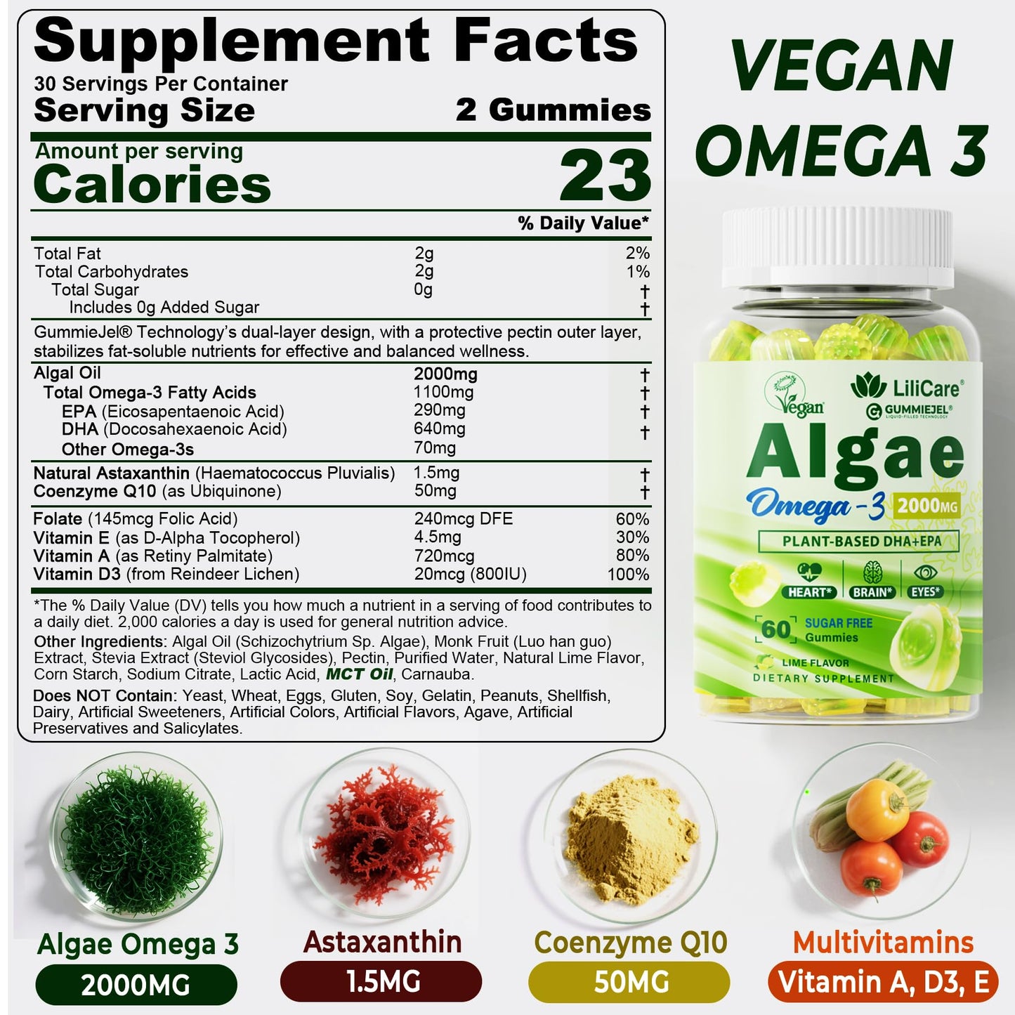 LILICARE Omega 3 Gummies 2200mg from Algae Oil (DHA 640mg & EPA 290mg), 60 Count