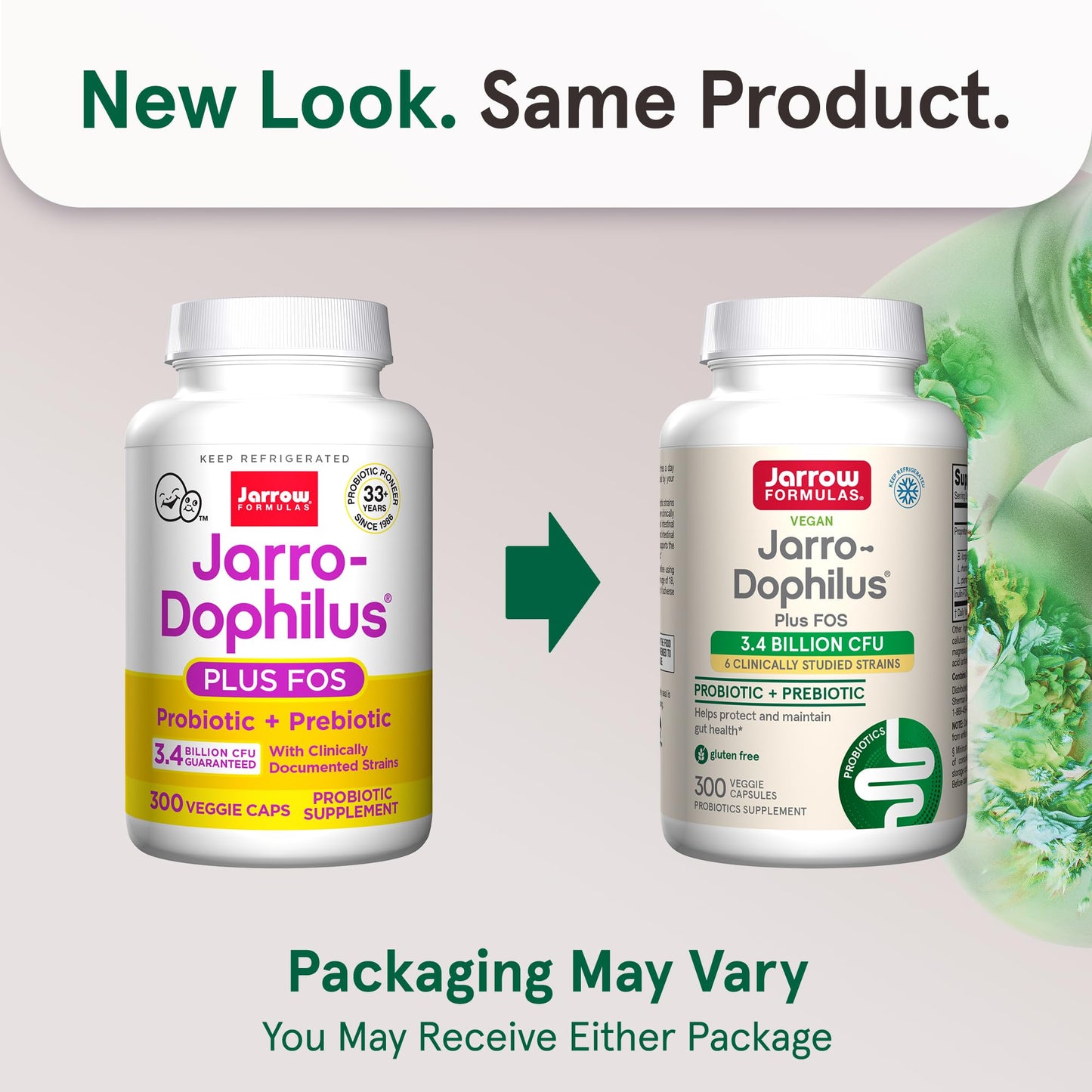 Jarrow Formulas Jarro-Dophilus + FOS 3.4 Billion CFU Per Serving Prebiotic & Probiotics Supplement for Immune & Intestine Support, Capsule, 300 Capsules