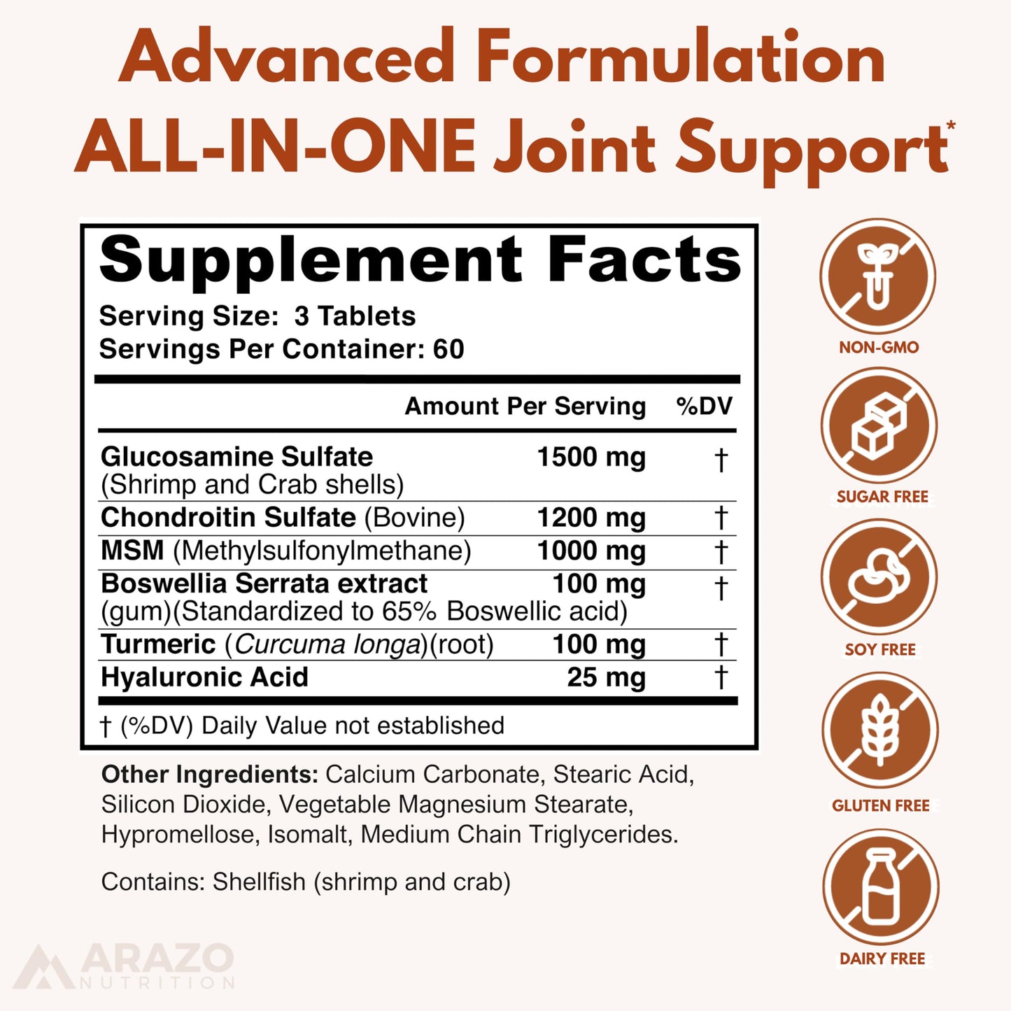 Glucosamine Chondroitin Turmeric MSM Boswellia Joint Support Supplement Tablets, 180 Count