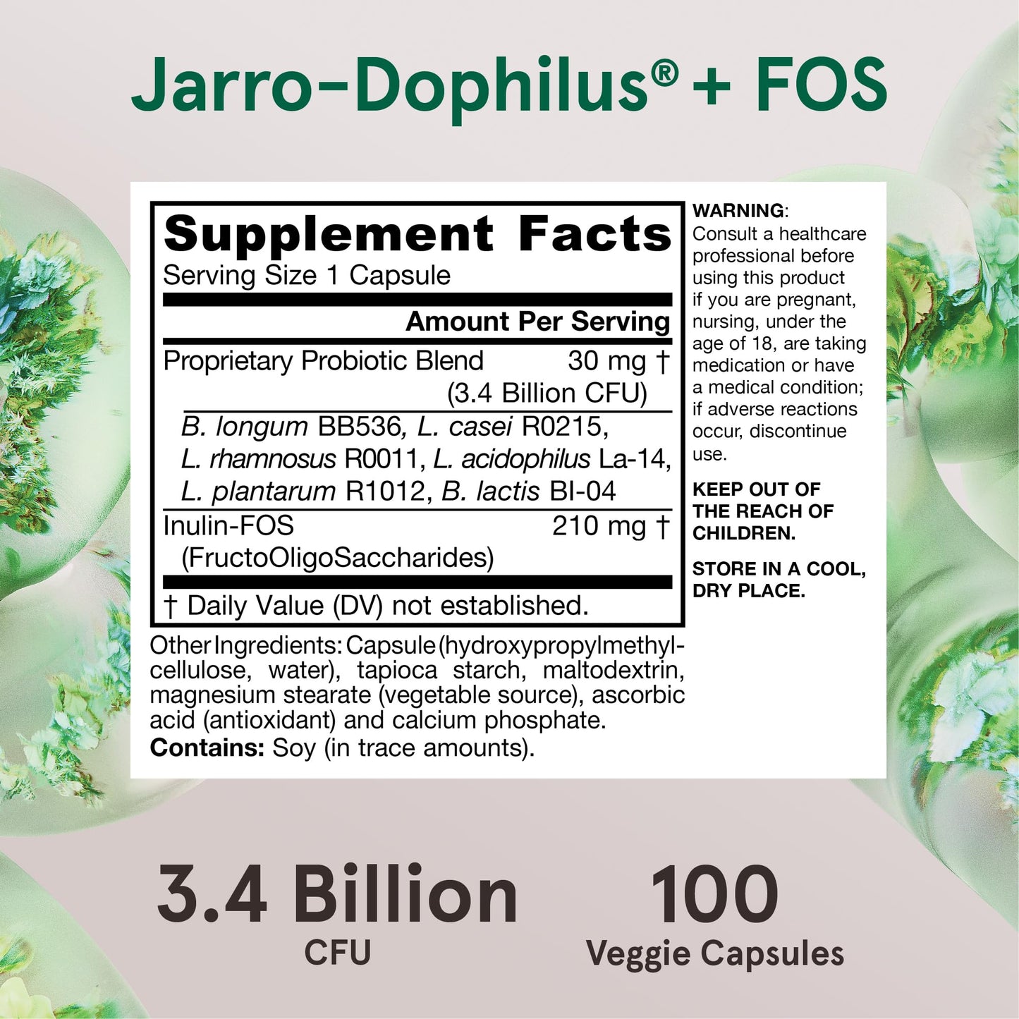 Jarrow Formulas Jarro-Dophilus + FOS - 3.4 Billion CFU Per Serving - Prebiotic & Probiotics Supplement for Immune & Intestine Support - Up to 100 Servings Capsules 100 Count