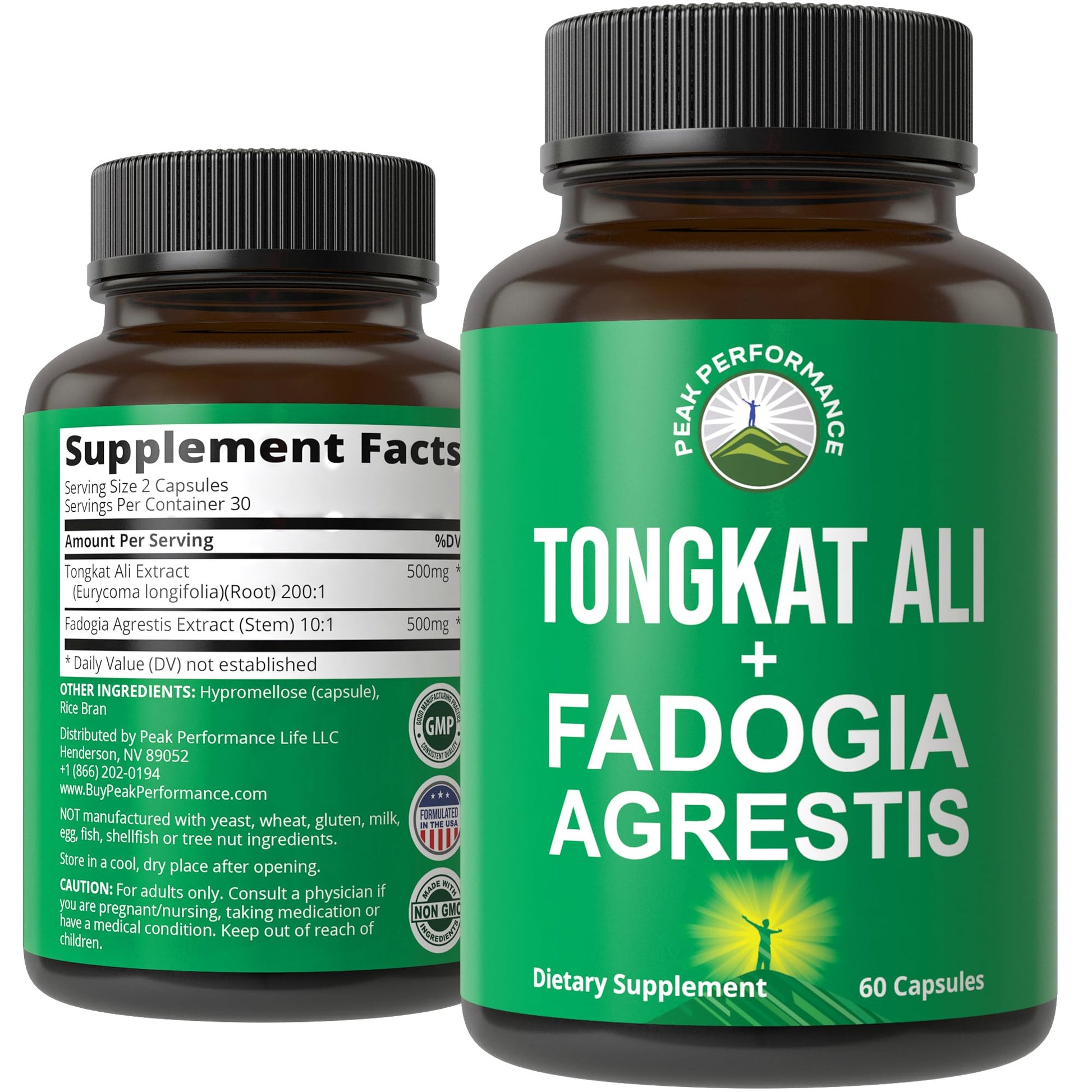 Peak Performance Tongkat Ali + Fadogia Agrestis 2-in-1 T Supplement for Men Capsules 60 Count