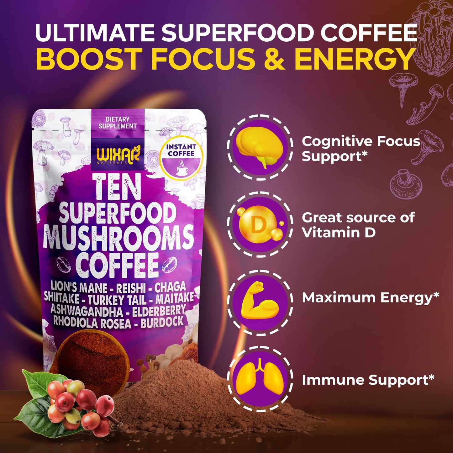 WIXAR NATURALS Superfood Mushroom Coffee Powder, 5 Ounce
