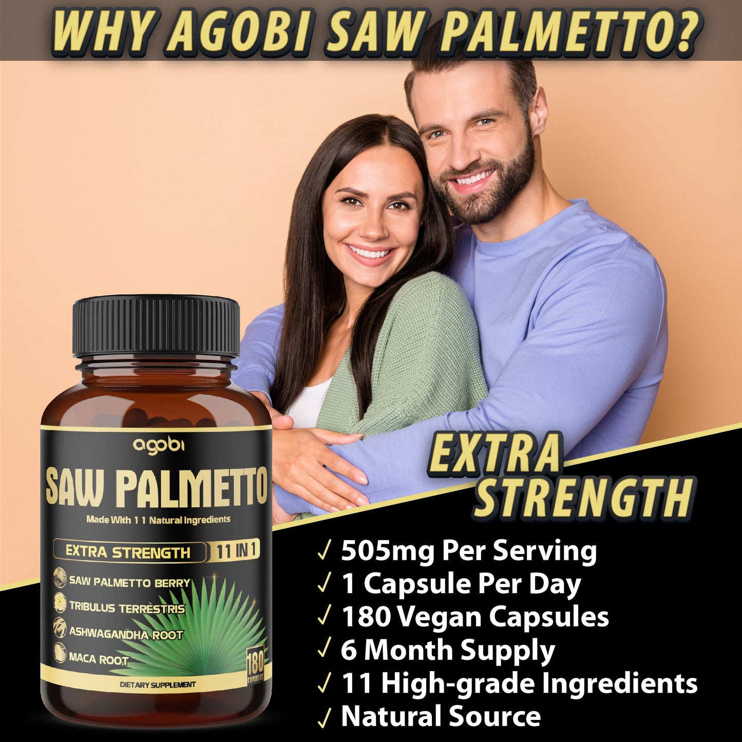 agobi 11in1 Saw Palmetto Capsules with Ashwagandha, Turmeric, Tribulus, Maca, Green Tea, Ginger, Holy Basil & More - Healthy Prostate & Hair Support, 180 Capsules