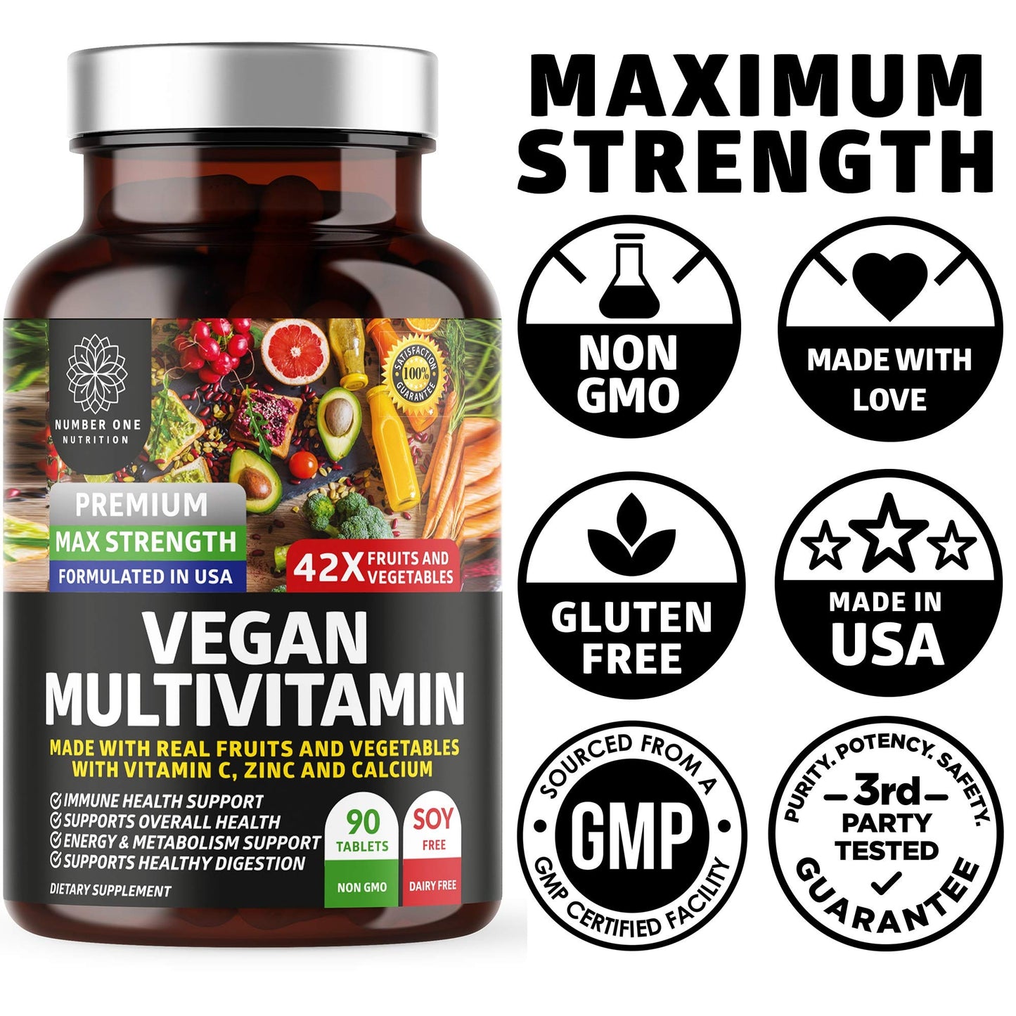Number One Nutrition N1N Premium Plant Based Multivitamin [42 Powerful Ingredients] Men & Women Daily Multivitamins with Raw Veggies and Fruits, Probiotics, Alfalfa, Echinacea, Spirulina and Digestive Enzymes, 90 Tablets