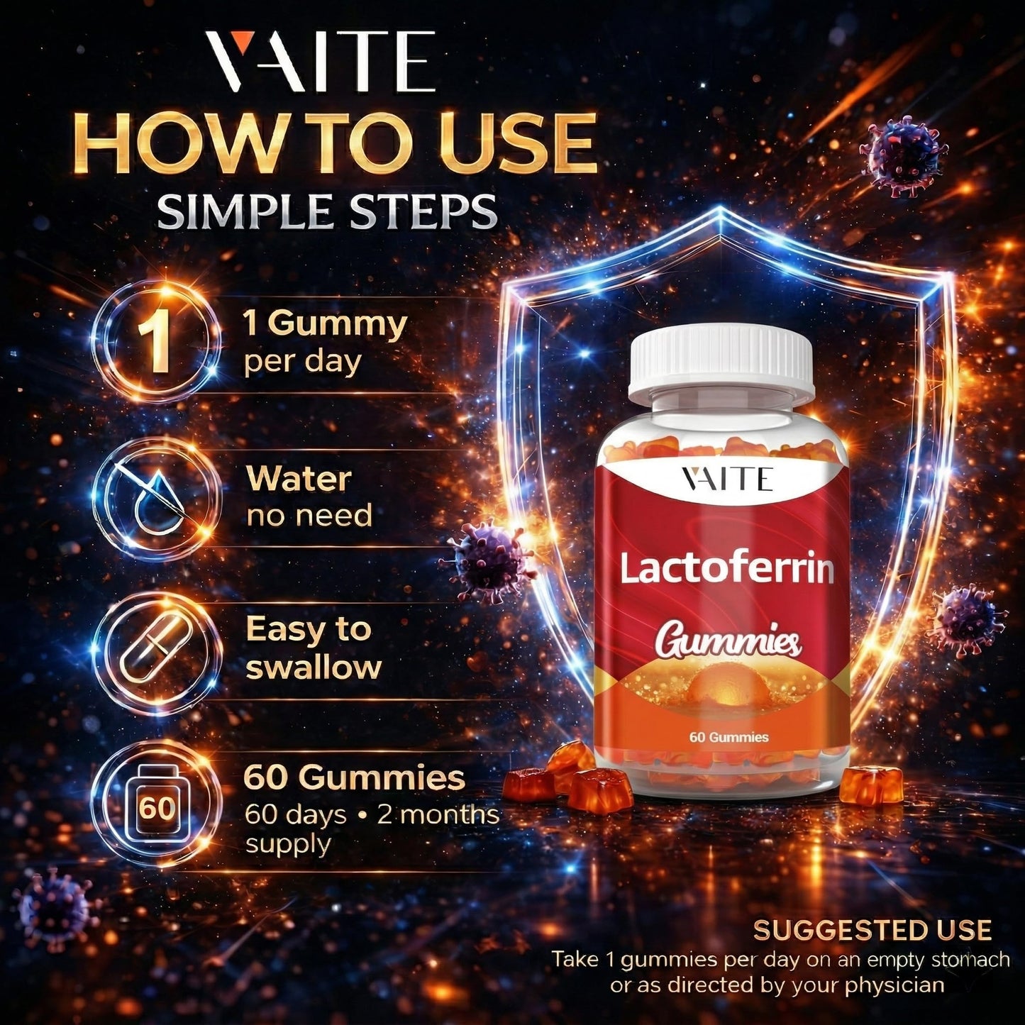 VAITE Lactoferrin 500mg Gummies, 60 Count