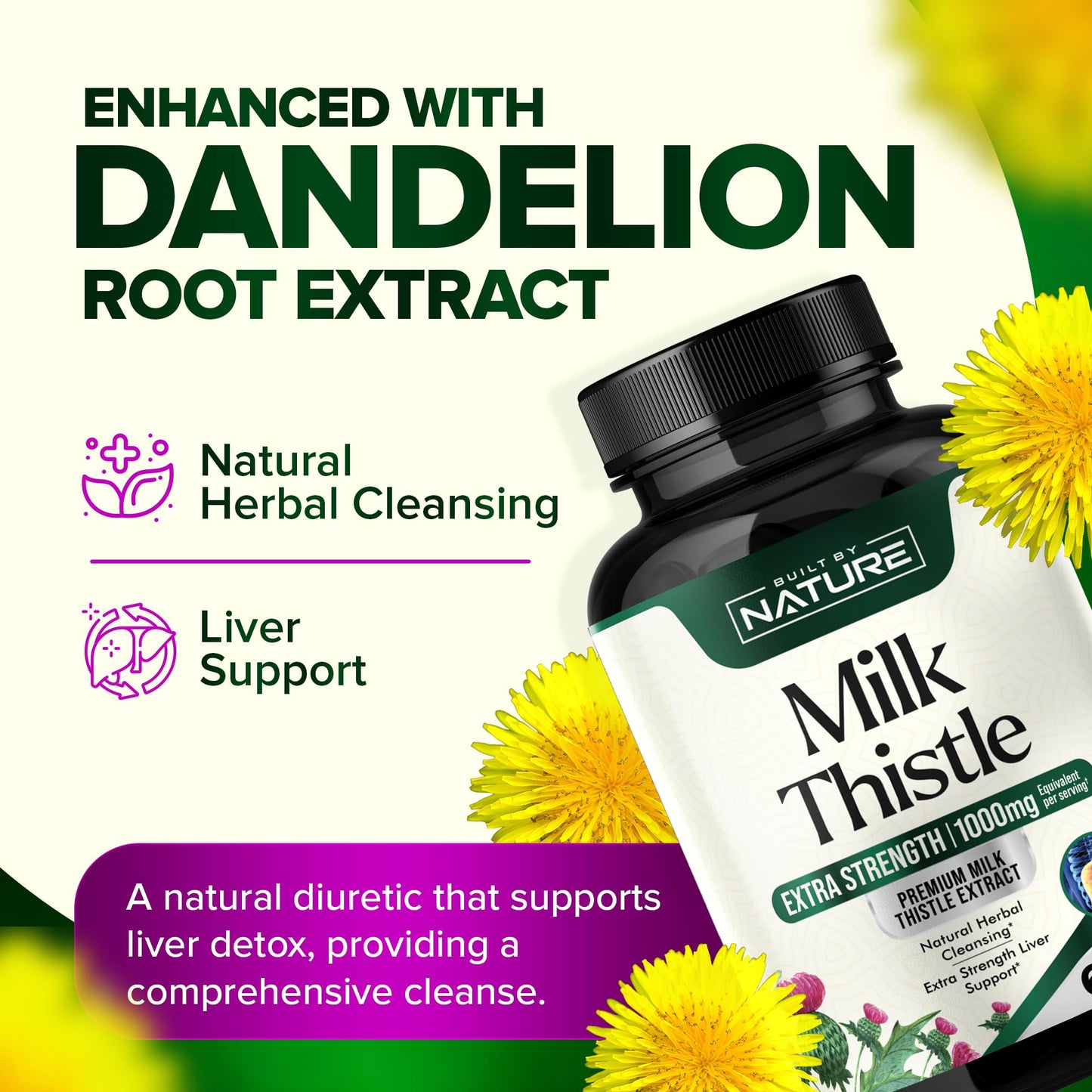 Built by Nature Milk Thistle Liver Detox Supplement with Silymarin Extract & Dandelion Root Capsules, 60 Count