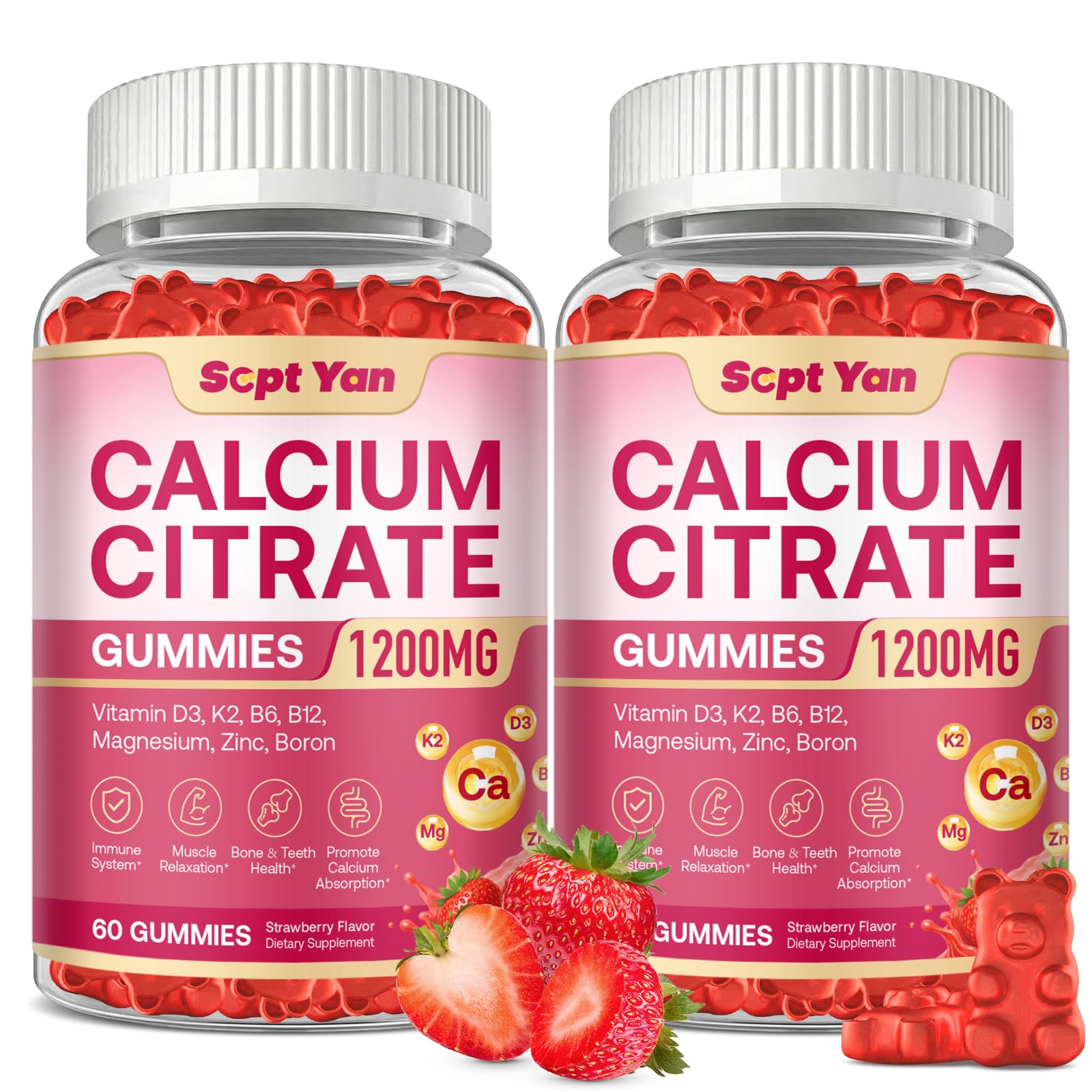 SEPT YAN Calcium Citrate Gummies 1200 mg with Vitamin D3, K2, Magnesium, Zinc, B6 & B12 for Bone, Muscle & Immune Support, Strawberry Flavor, 60 Gummies