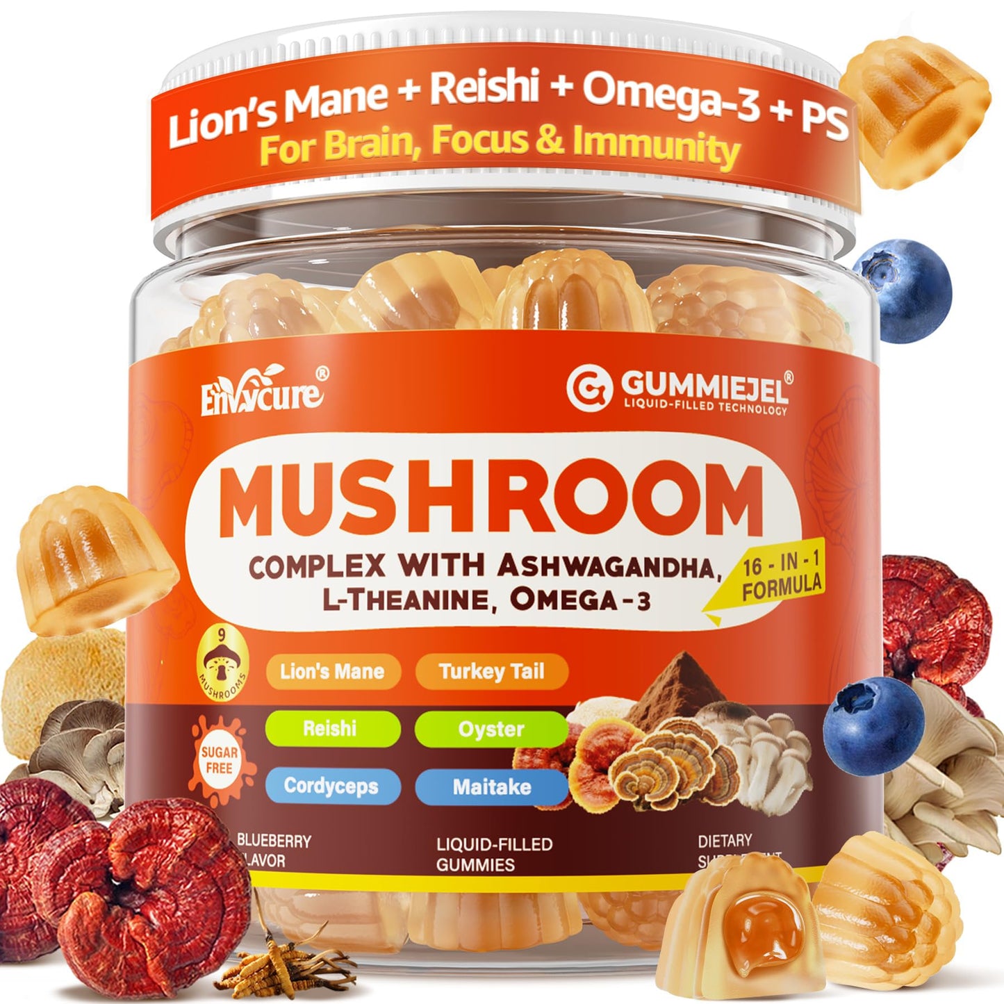 EnvyCure Brain Supplements for Memory and Focus 16-in-1 Mushroom Gummies, 60 Count